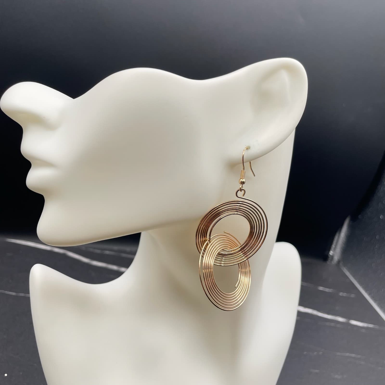 Gold-Tone Layered Interlocked Swirl Circle Hoop Dangle Drop French Hook Earrings - Image 1