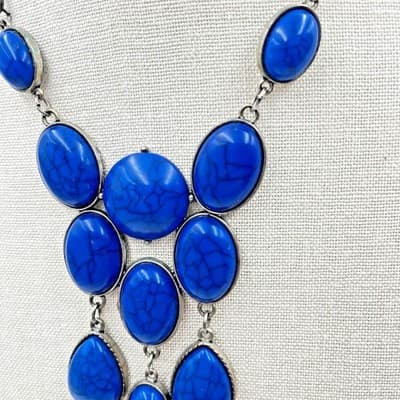Vintage Bold Blue Statement Necklace – Faux Turquoise Cabochons on Gunmetal - Thumbnail 3