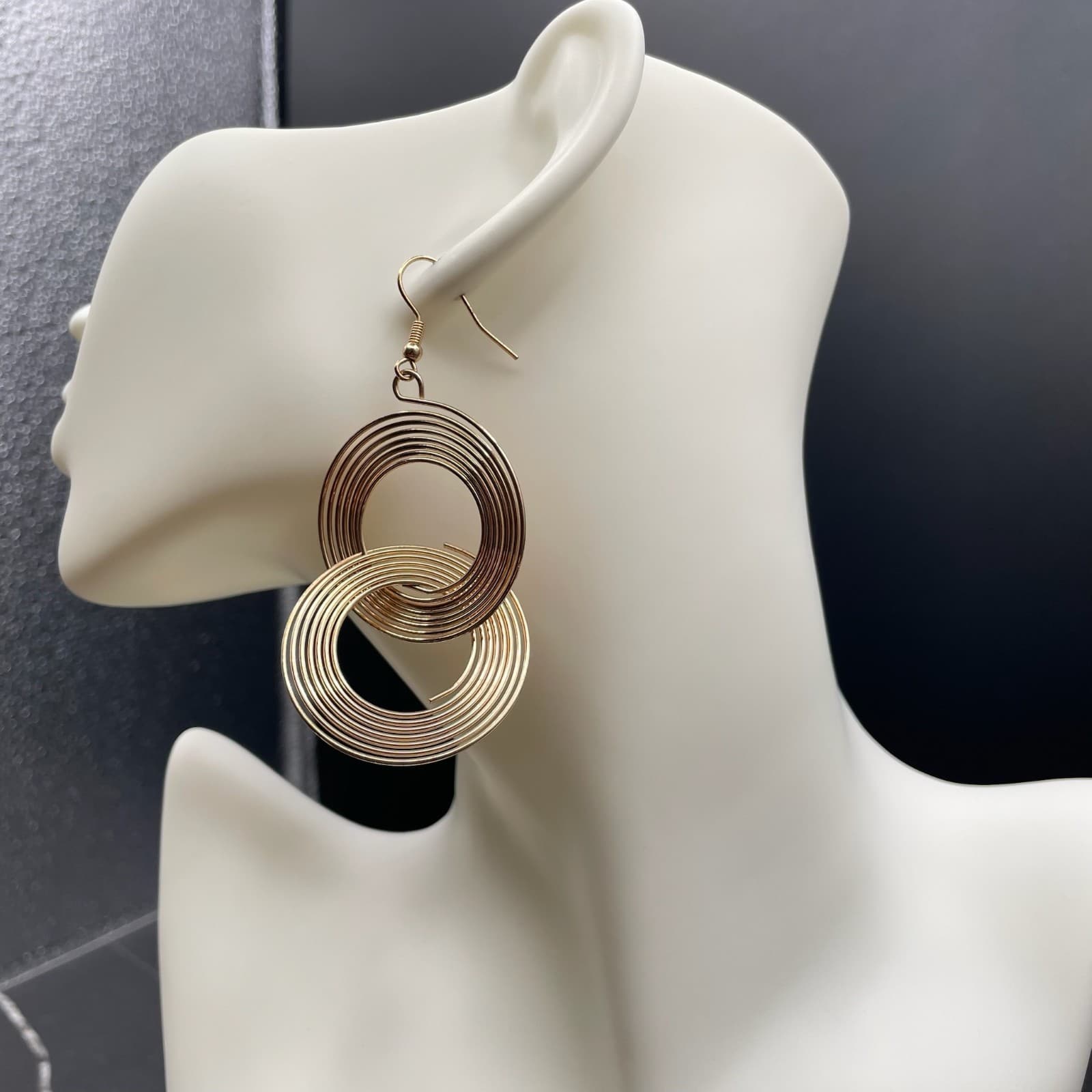 Gold-Tone Layered Interlocked Swirl Circle Hoop Dangle Drop French Hook Earrings - Thumbnail 7