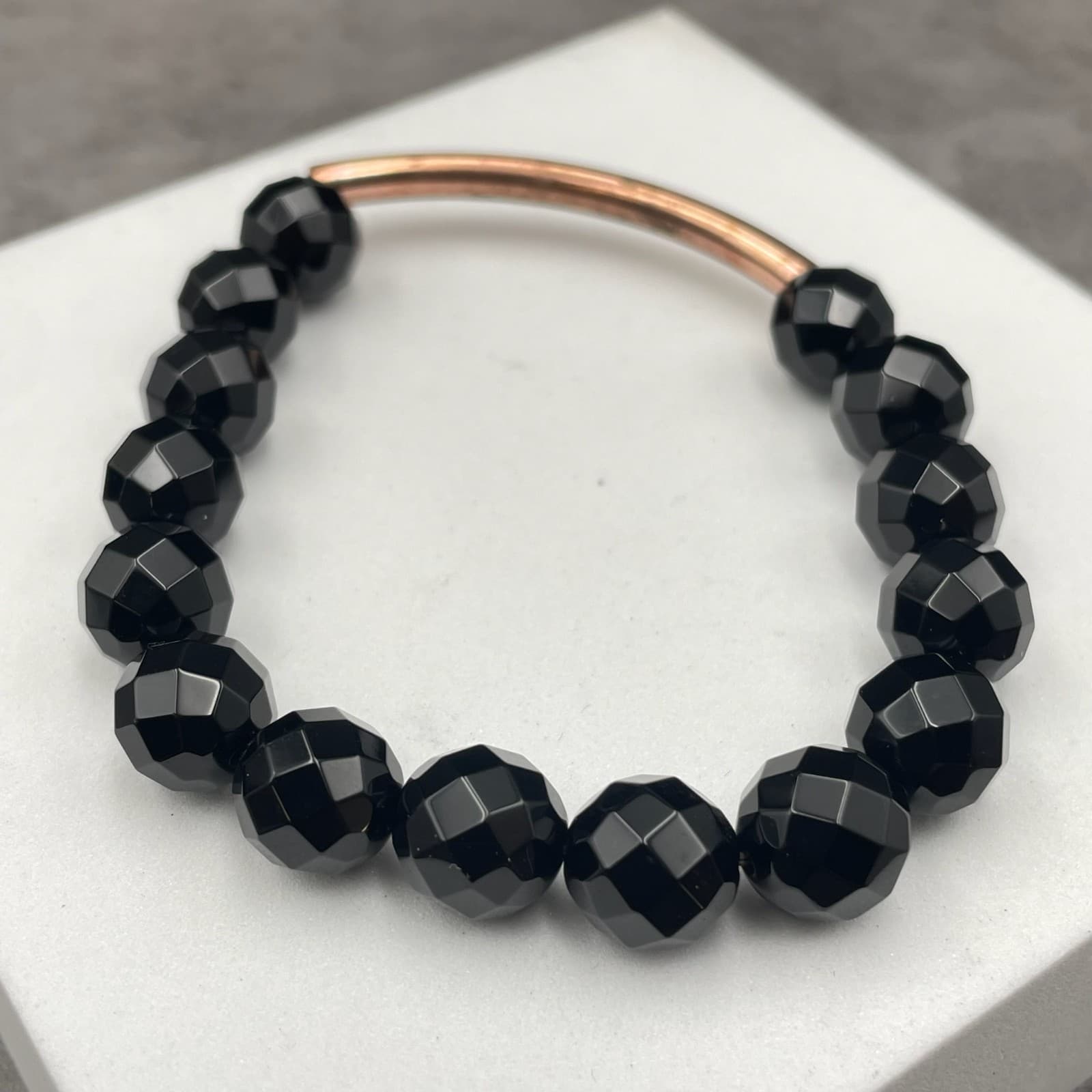 Classic Copper-Tone Fashion Boho-Chic Faceted Black Onyx Beaded Stretch Bracelet - Thumbnail 4