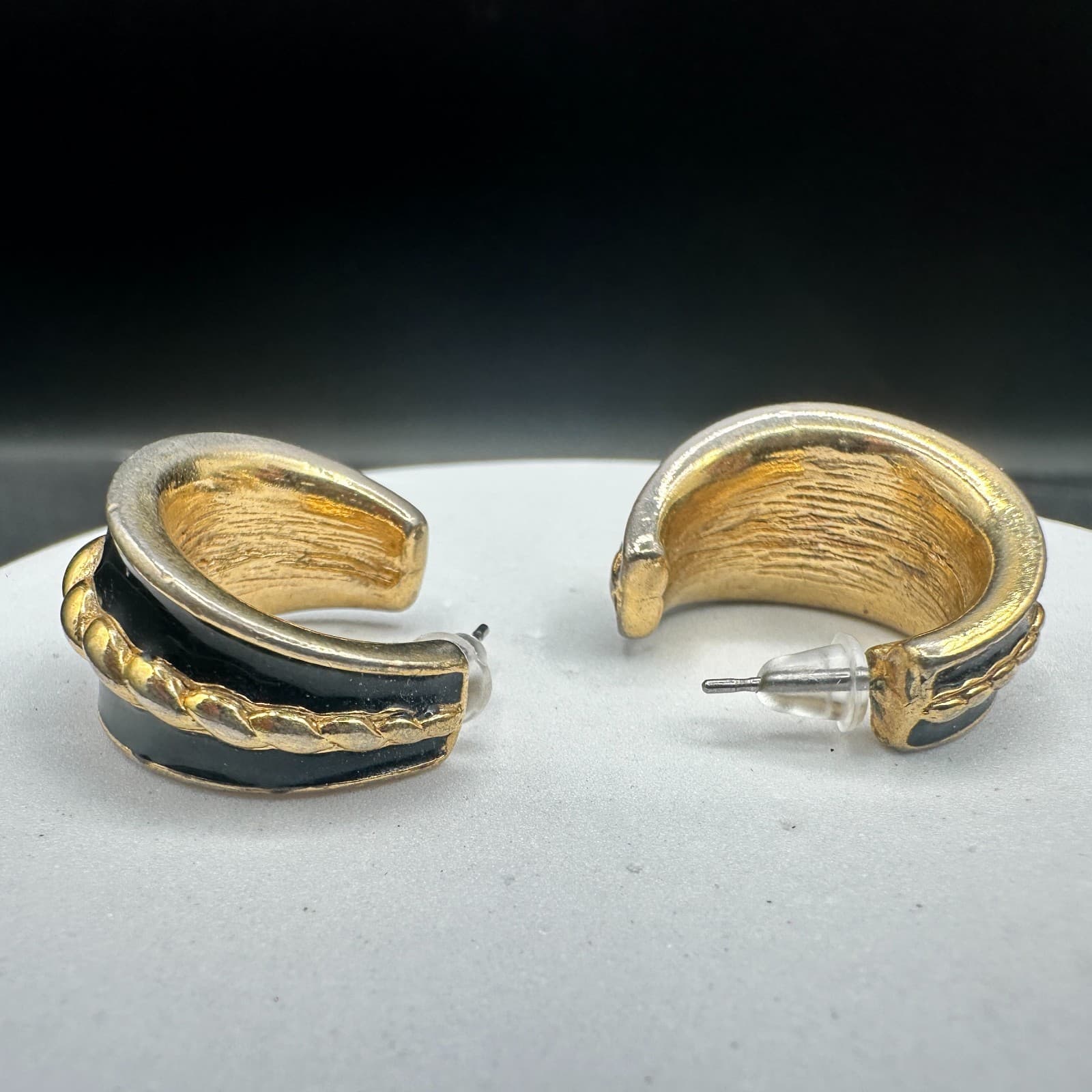 Vintage 90s Black Enamel Gold Tone Chunky Hoop Earrings Braided Rope Mesh - Thumbnail 4