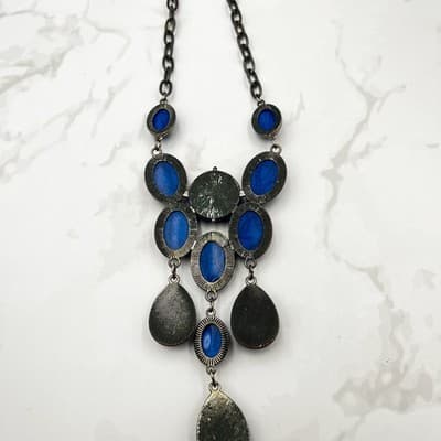 Vintage Bold Blue Statement Necklace – Faux Turquoise Cabochons on Gunmetal - Thumbnail 15