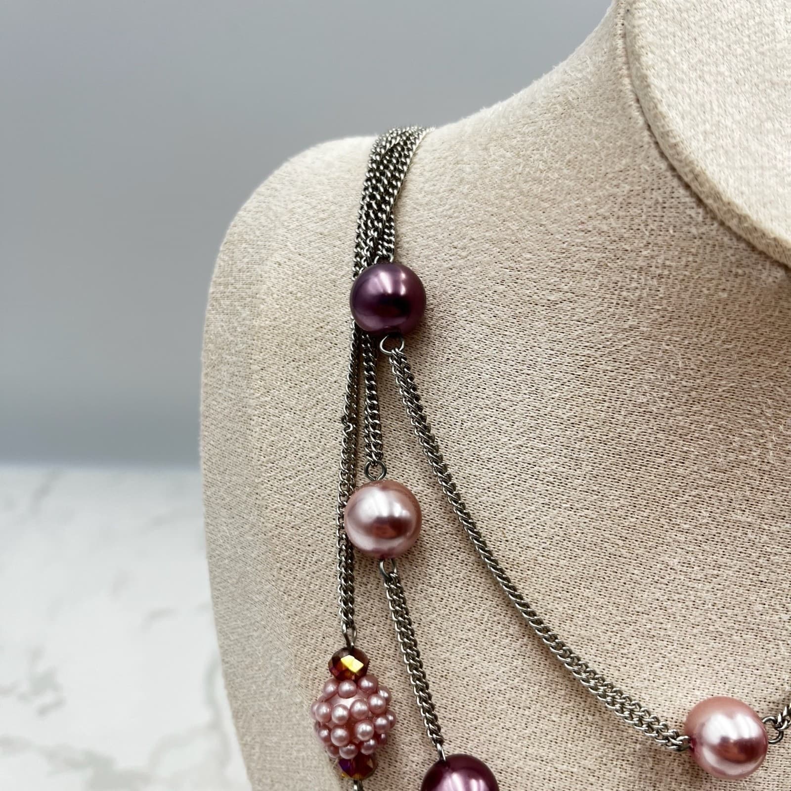 Vintage Roman (RMN) Multi-Strand Pink & Plum Beaded Statement Necklace - Thumbnail 4