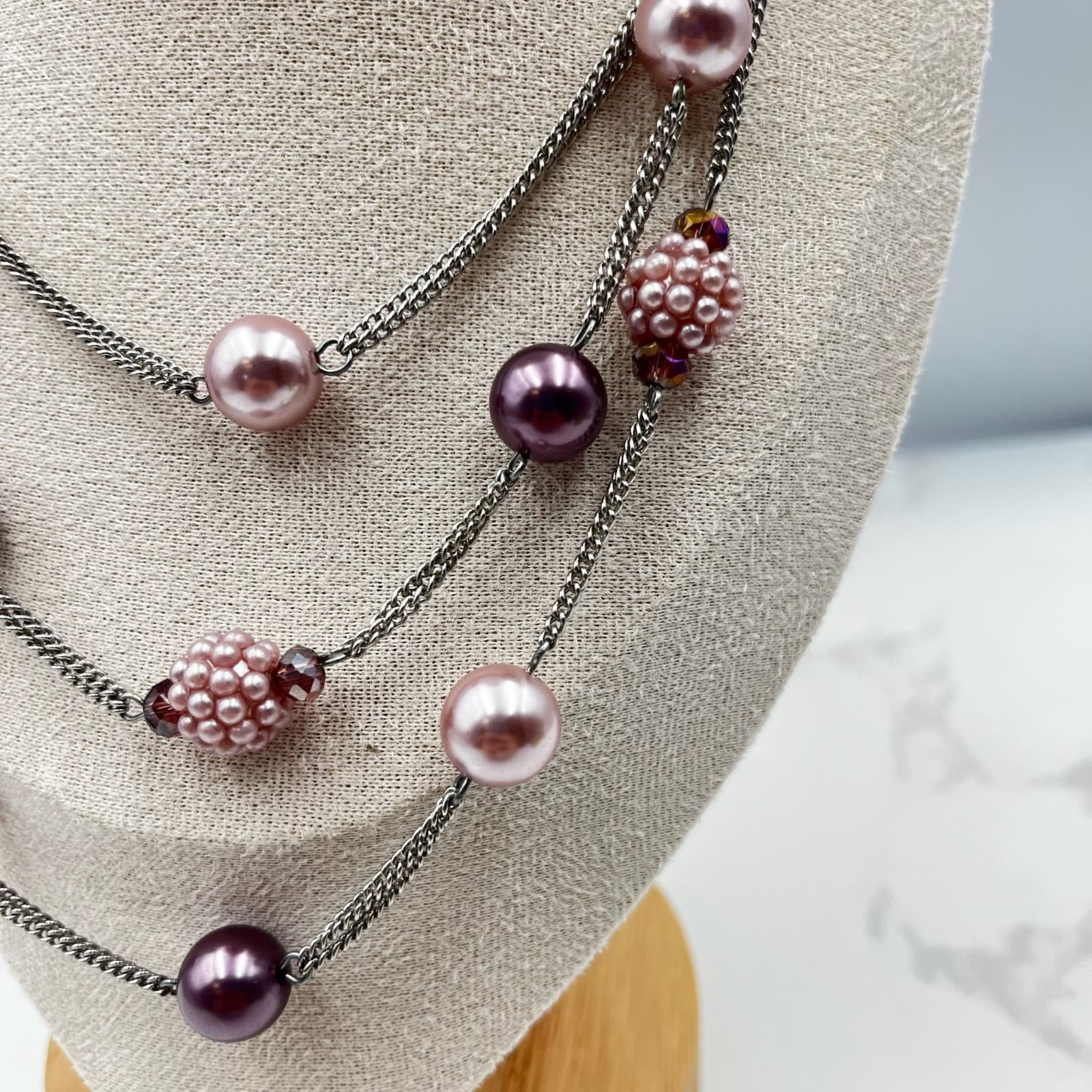 Vintage Roman (RMN) Multi-Strand Pink & Plum Beaded Statement Necklace - Thumbnail 2