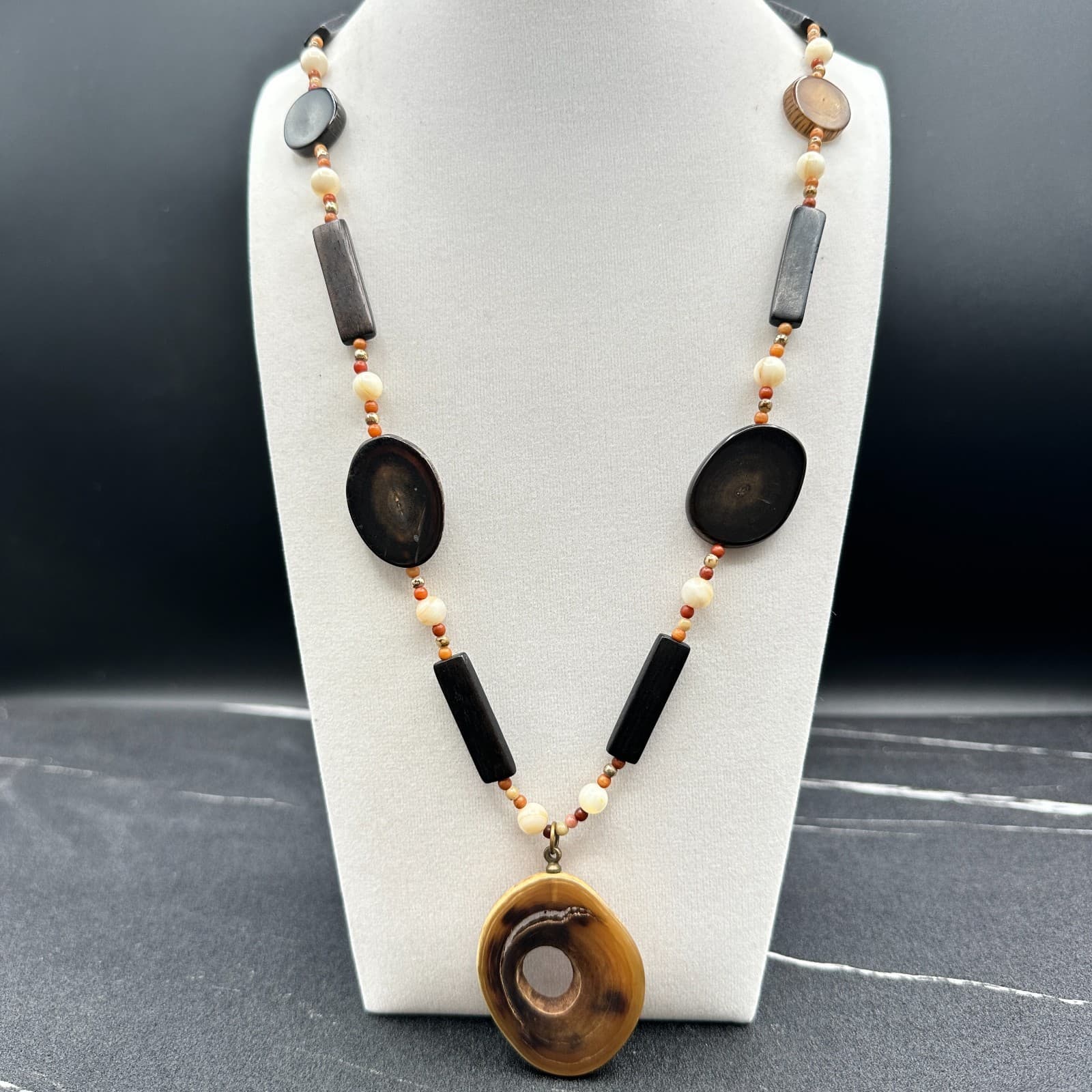 VTG 90s Wooden Statement Necklace Long Dark Brown Orange Organic Pendant - Thumbnail 2