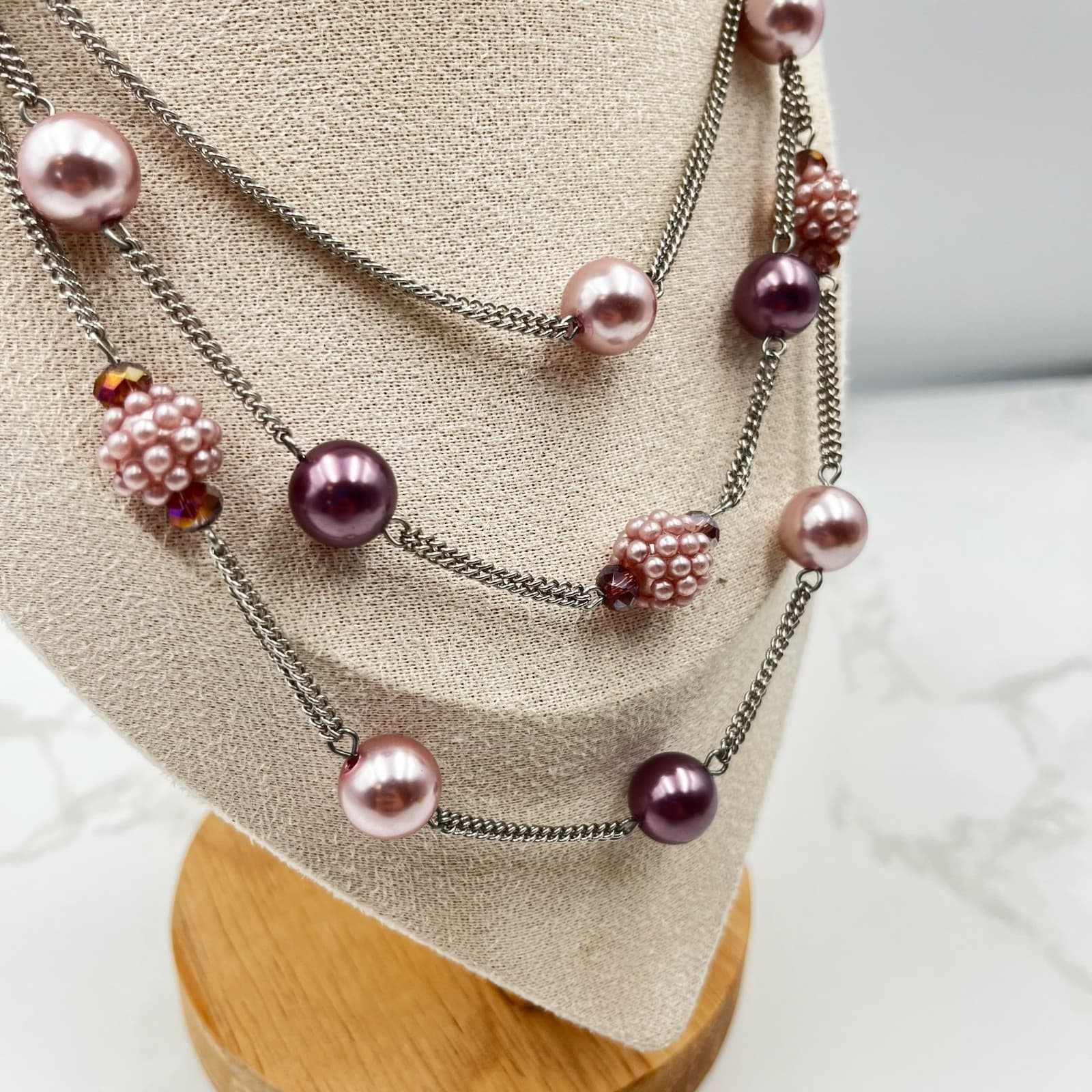Vintage Roman (RMN) Multi-Strand Pink & Plum Beaded Statement Necklace - Thumbnail 11