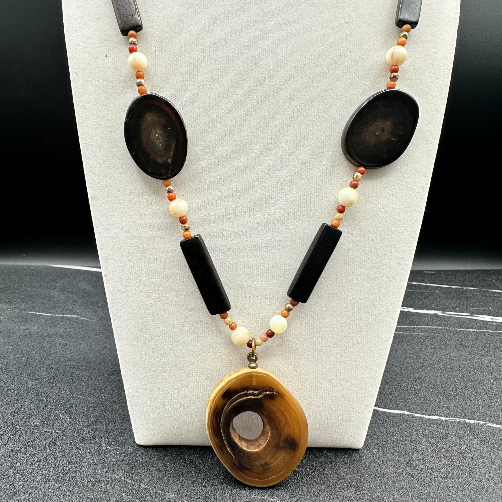 VTG 90s Wooden Statement Necklace Long Dark Brown Orange Organic Pendant - Thumbnail 3