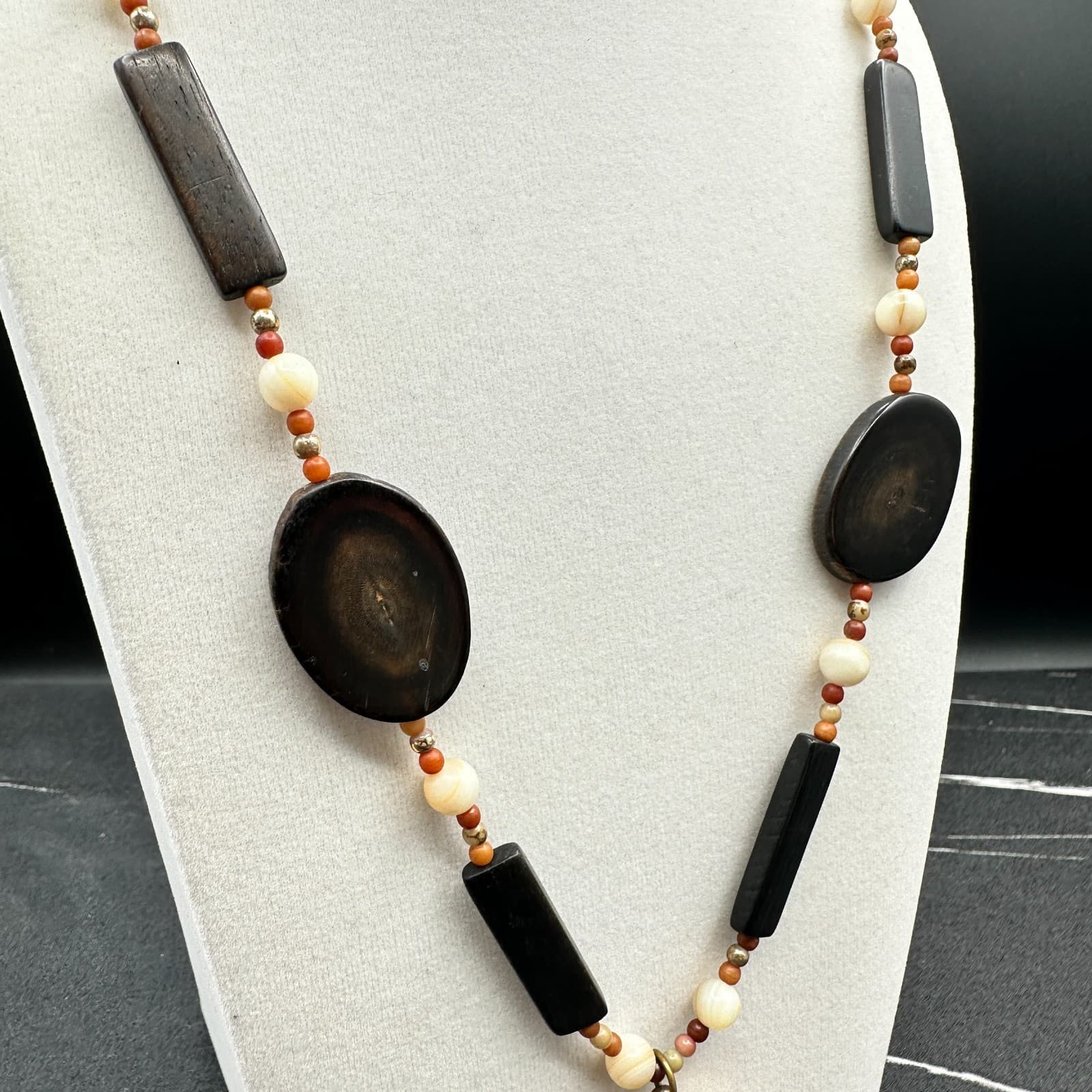 VTG 90s Wooden Statement Necklace Long Dark Brown Orange Organic Pendant - Thumbnail 4