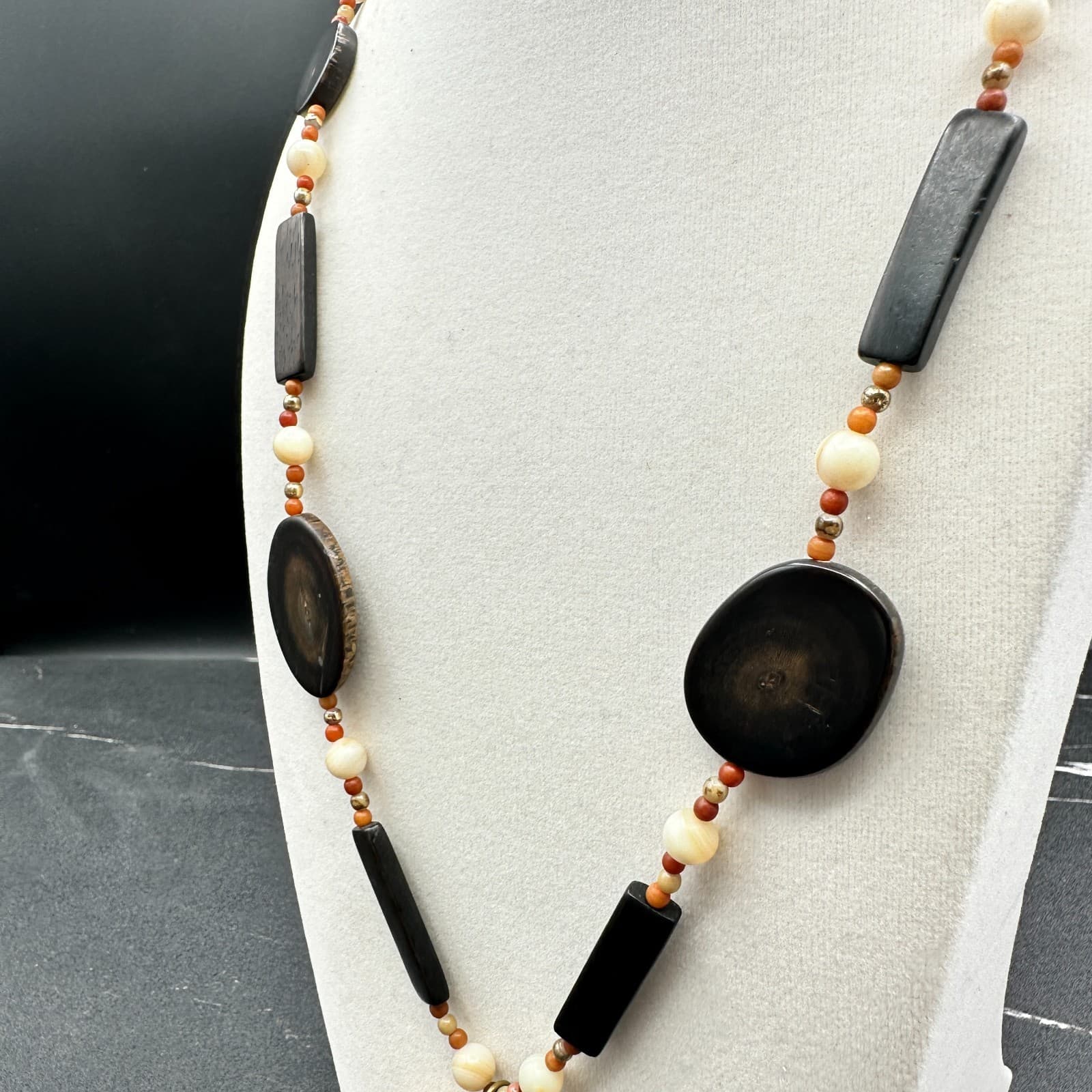 VTG 90s Wooden Statement Necklace Long Dark Brown Orange Organic Pendant - Thumbnail 6