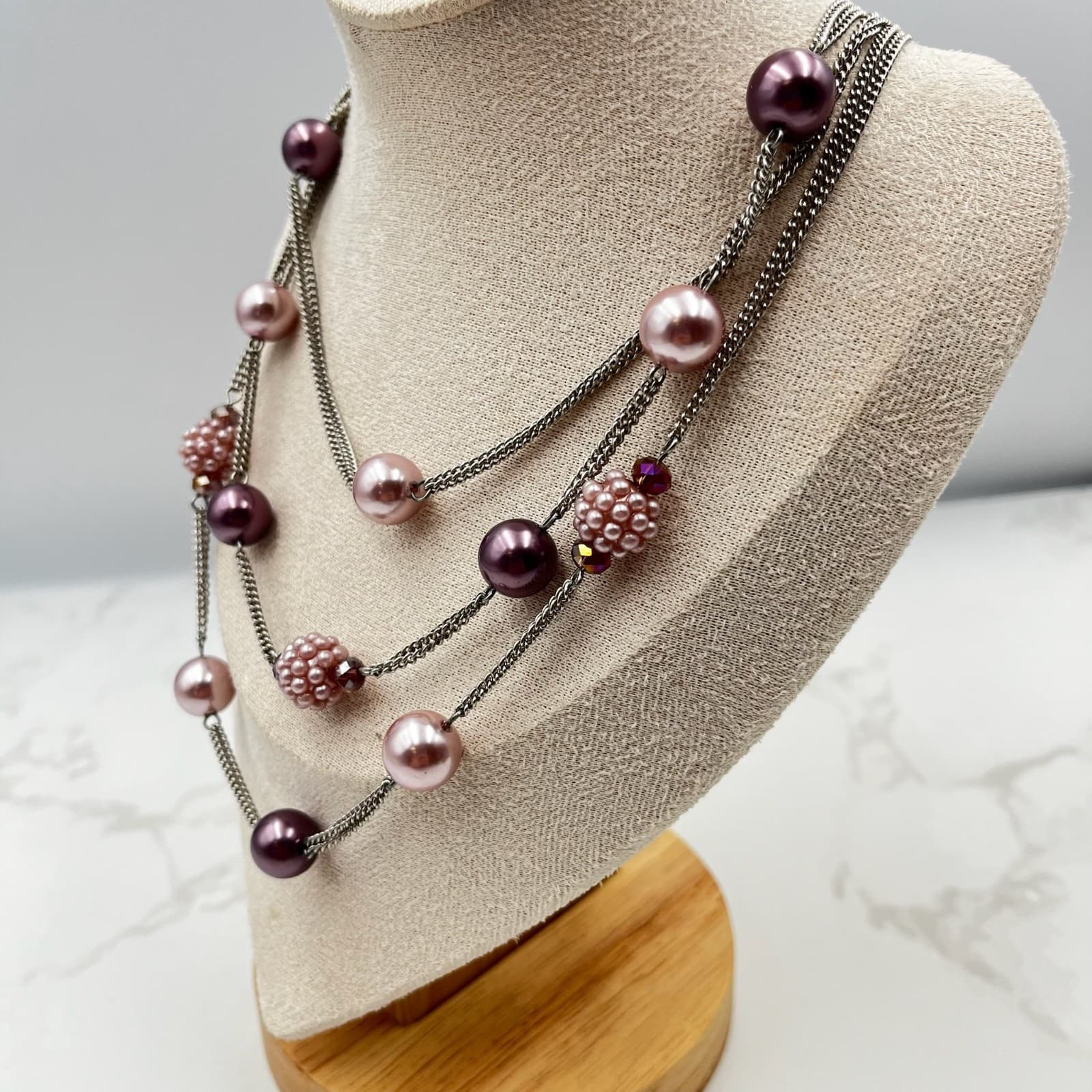 Vintage Roman (RMN) Multi-Strand Pink & Plum Beaded Statement Necklace - Thumbnail 13