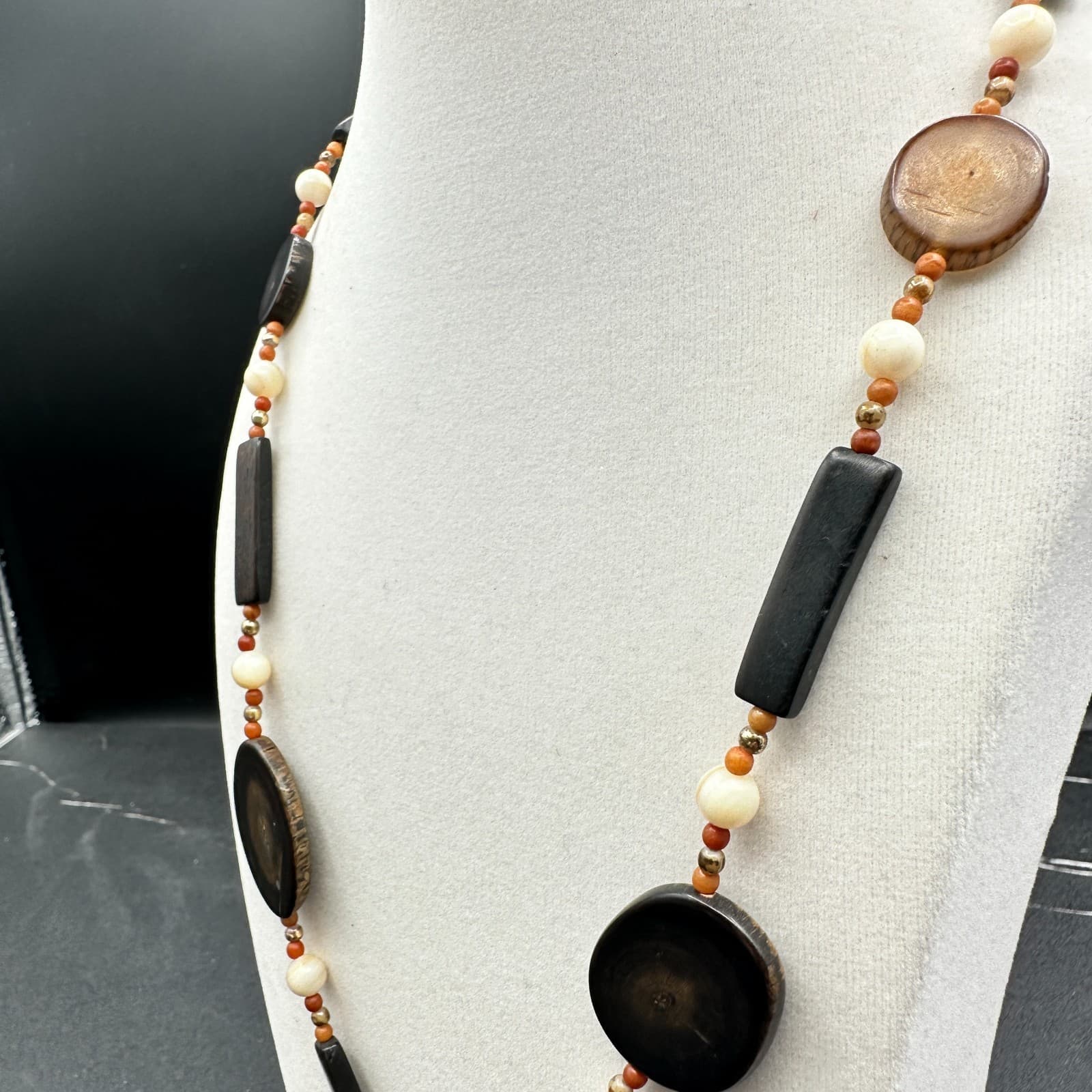 VTG 90s Wooden Statement Necklace Long Dark Brown Orange Organic Pendant - Thumbnail 7