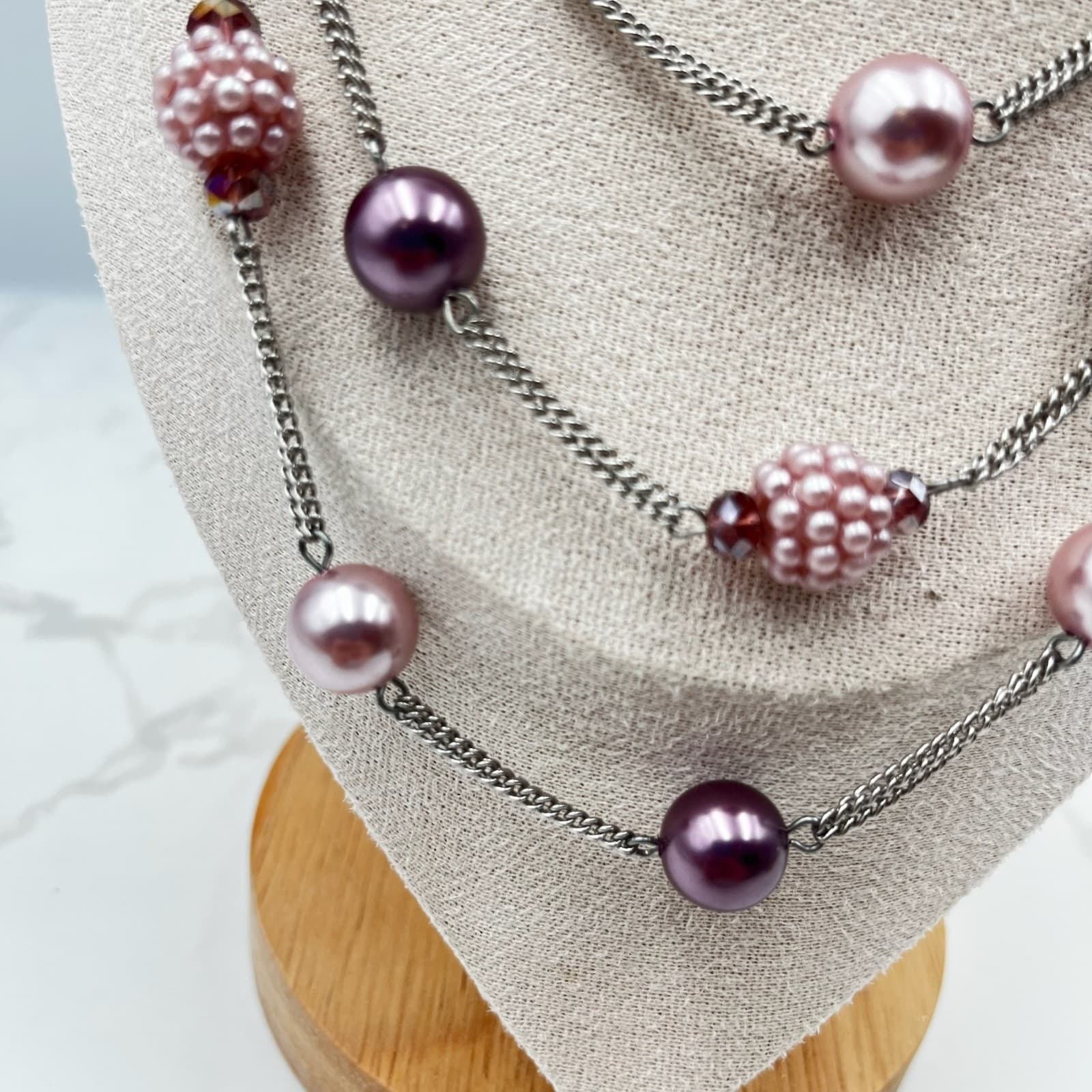 Vintage Roman (RMN) Multi-Strand Pink & Plum Beaded Statement Necklace - Thumbnail 5