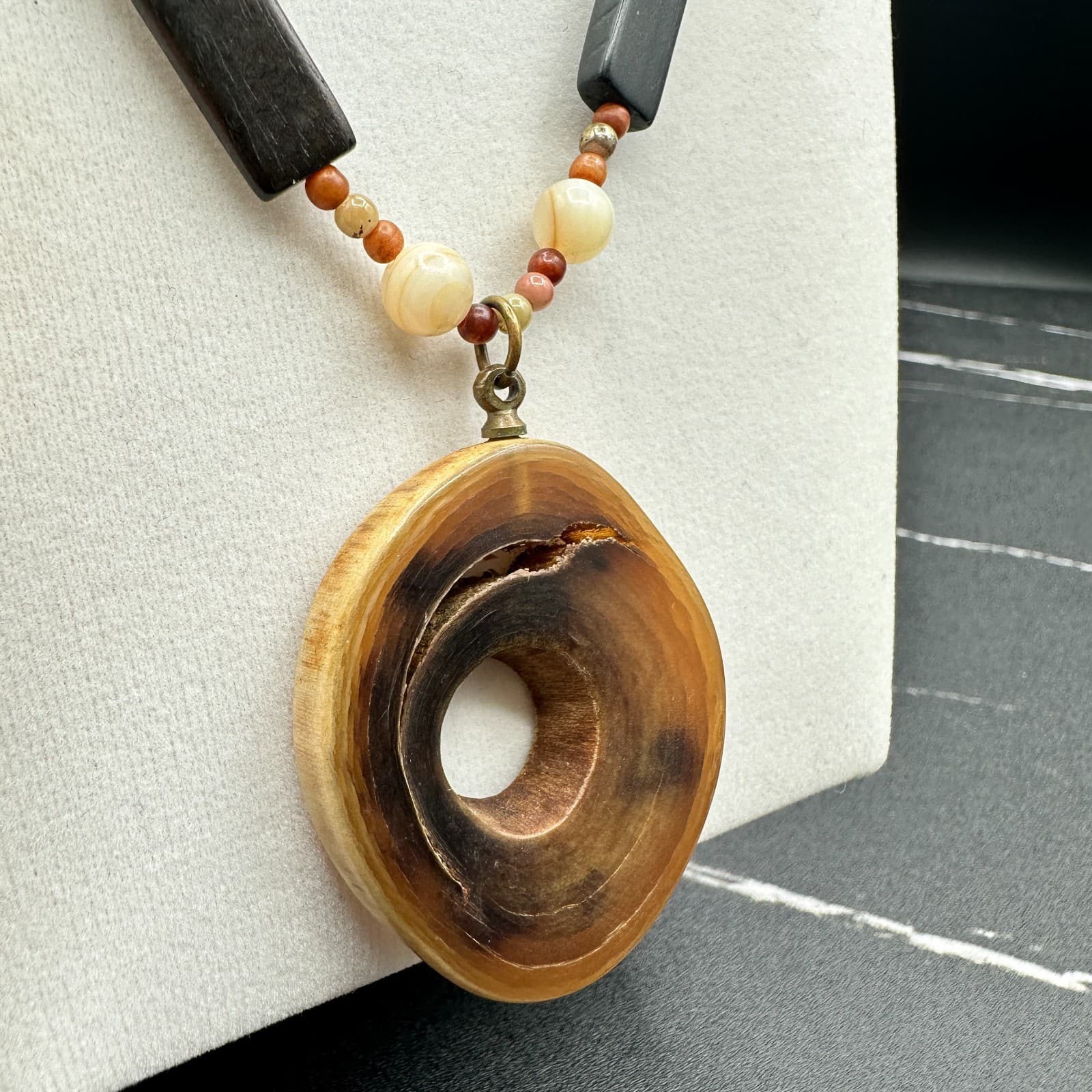 VTG 90s Wooden Statement Necklace Long Dark Brown Orange Organic Pendant - Thumbnail 10