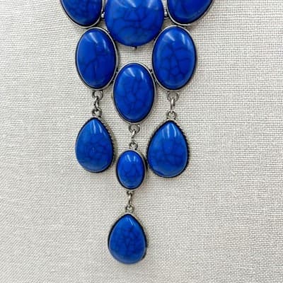 Vintage Bold Blue Statement Necklace – Faux Turquoise Cabochons on Gunmetal - Thumbnail 2