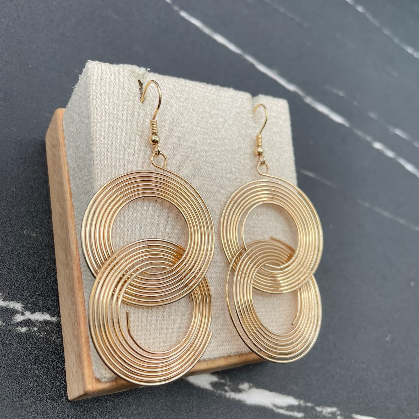 Gold-Tone Layered Interlocked Swirl Circle Hoop Dangle Drop French Hook Earrings - Thumbnail 4