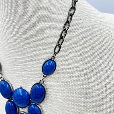 Vintage Bold Blue Statement Necklace – Faux Turquoise Cabochons on Gunmetal - Thumbnail 4
