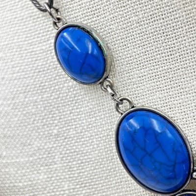 Vintage Bold Blue Statement Necklace – Faux Turquoise Cabochons on Gunmetal - Thumbnail 11