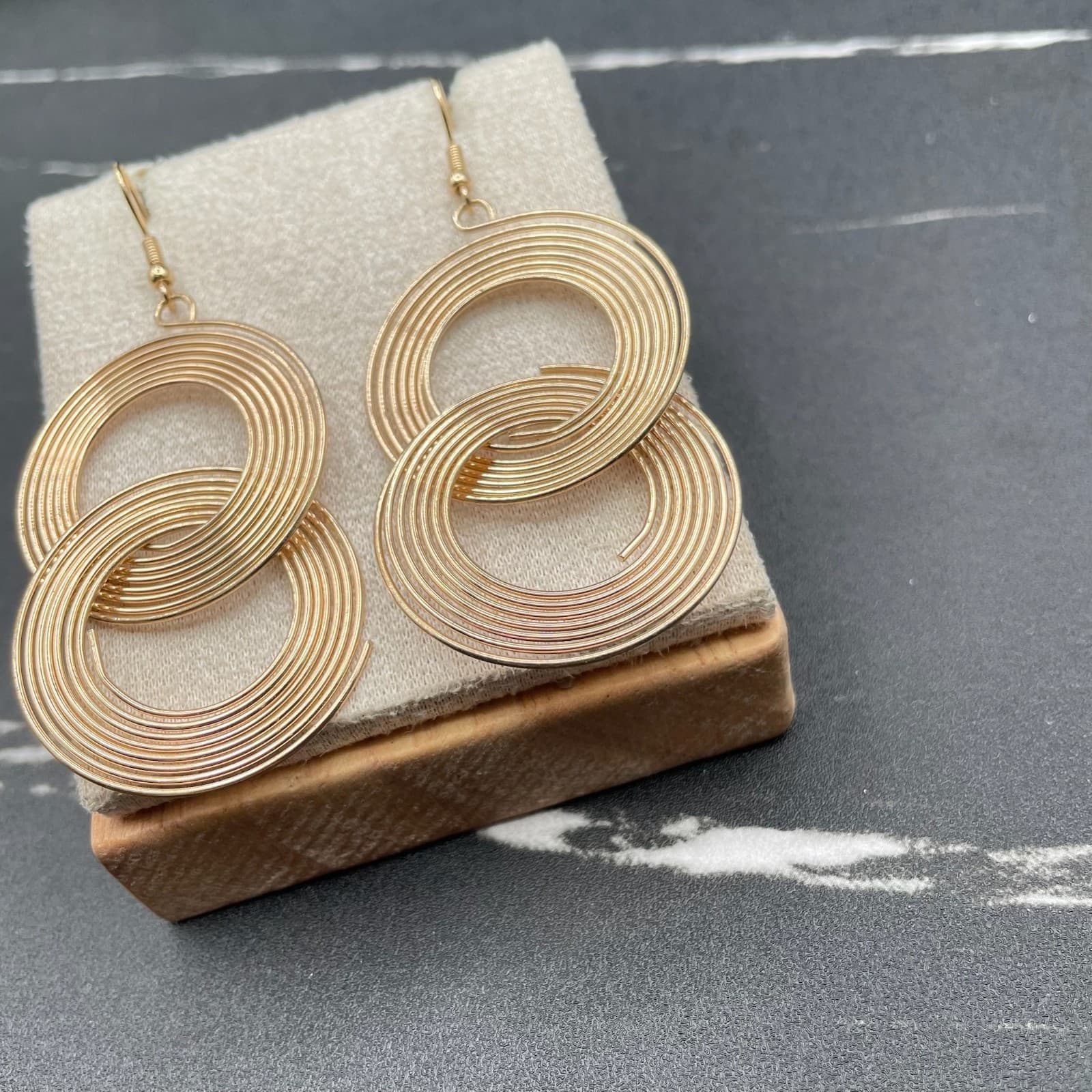 Gold-Tone Layered Interlocked Swirl Circle Hoop Dangle Drop French Hook Earrings - Thumbnail 5