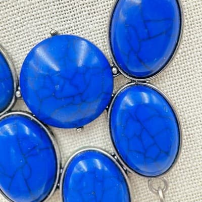 Vintage Bold Blue Statement Necklace – Faux Turquoise Cabochons on Gunmetal - Thumbnail 8