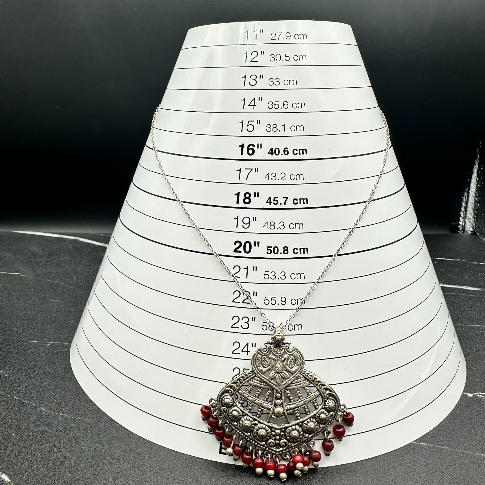 Vintage Silver Tone Oxidized Fan Pendant Necklace Red Glass Beads Long Chain 24 - Thumbnail 3