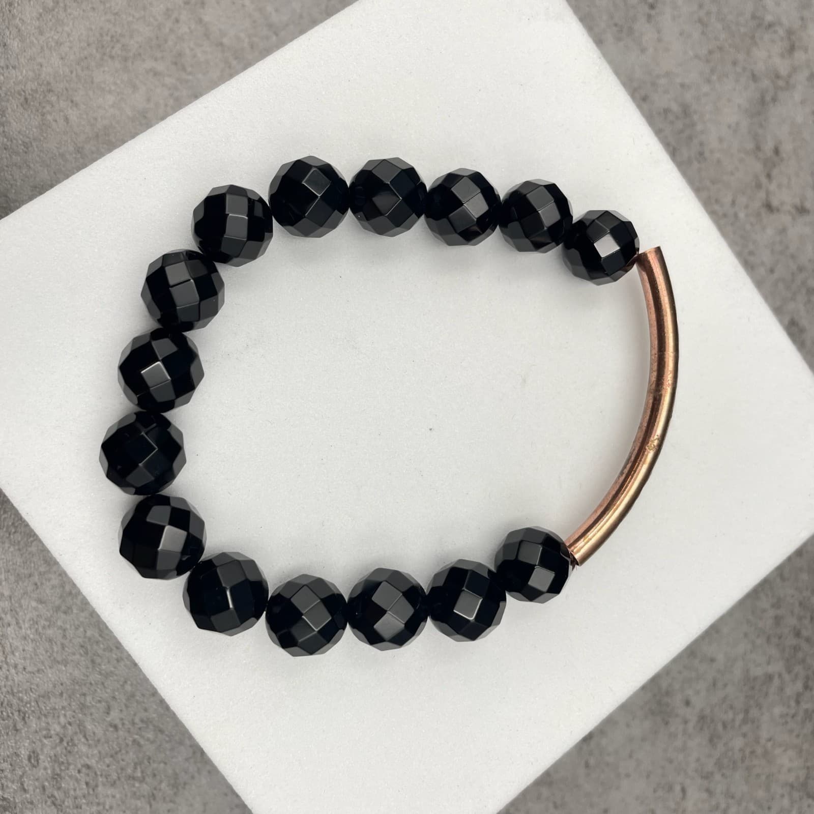 Classic Copper-Tone Fashion Boho-Chic Faceted Black Onyx Beaded Stretch Bracelet - Thumbnail 2