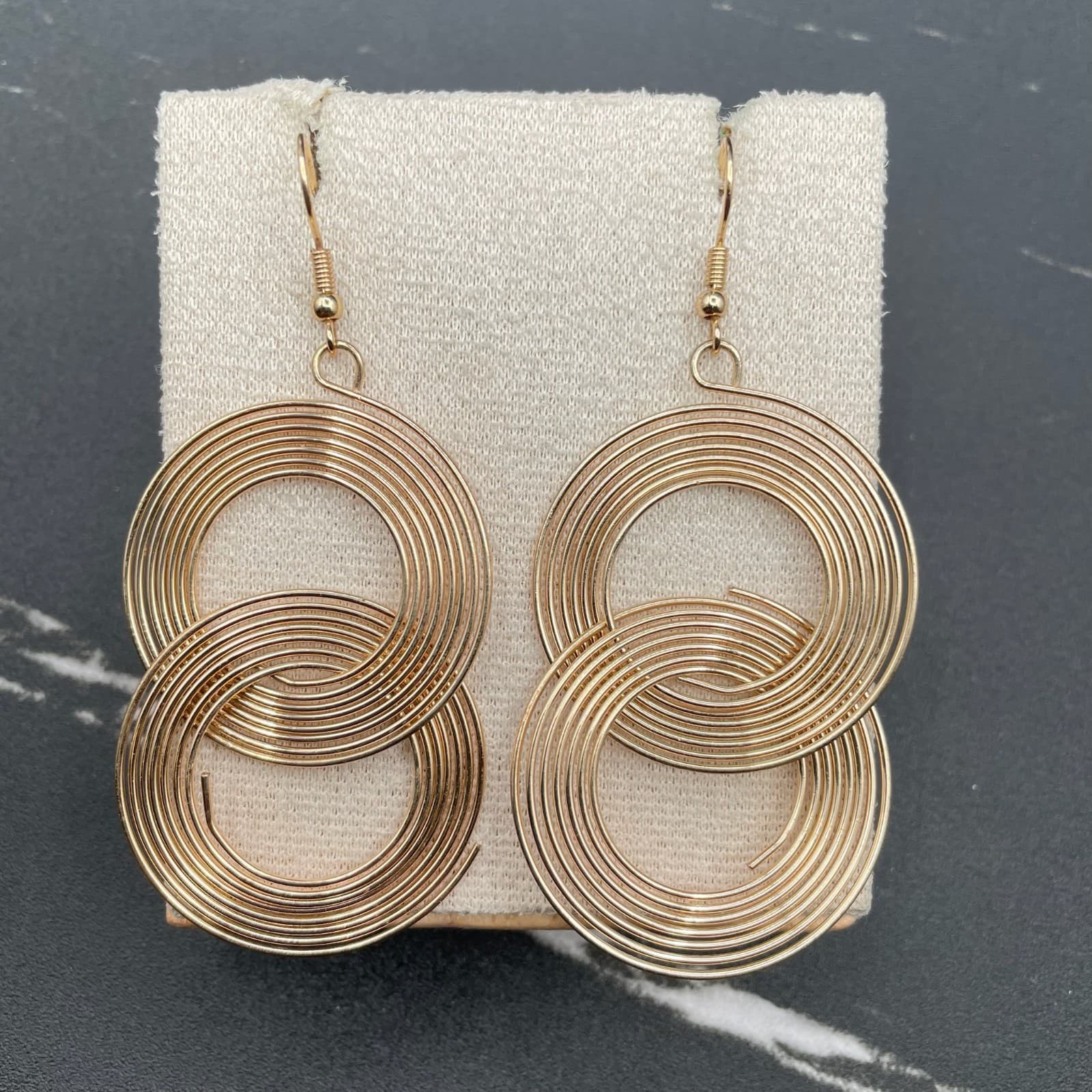 Gold-Tone Layered Interlocked Swirl Circle Hoop Dangle Drop French Hook Earrings - Thumbnail 3