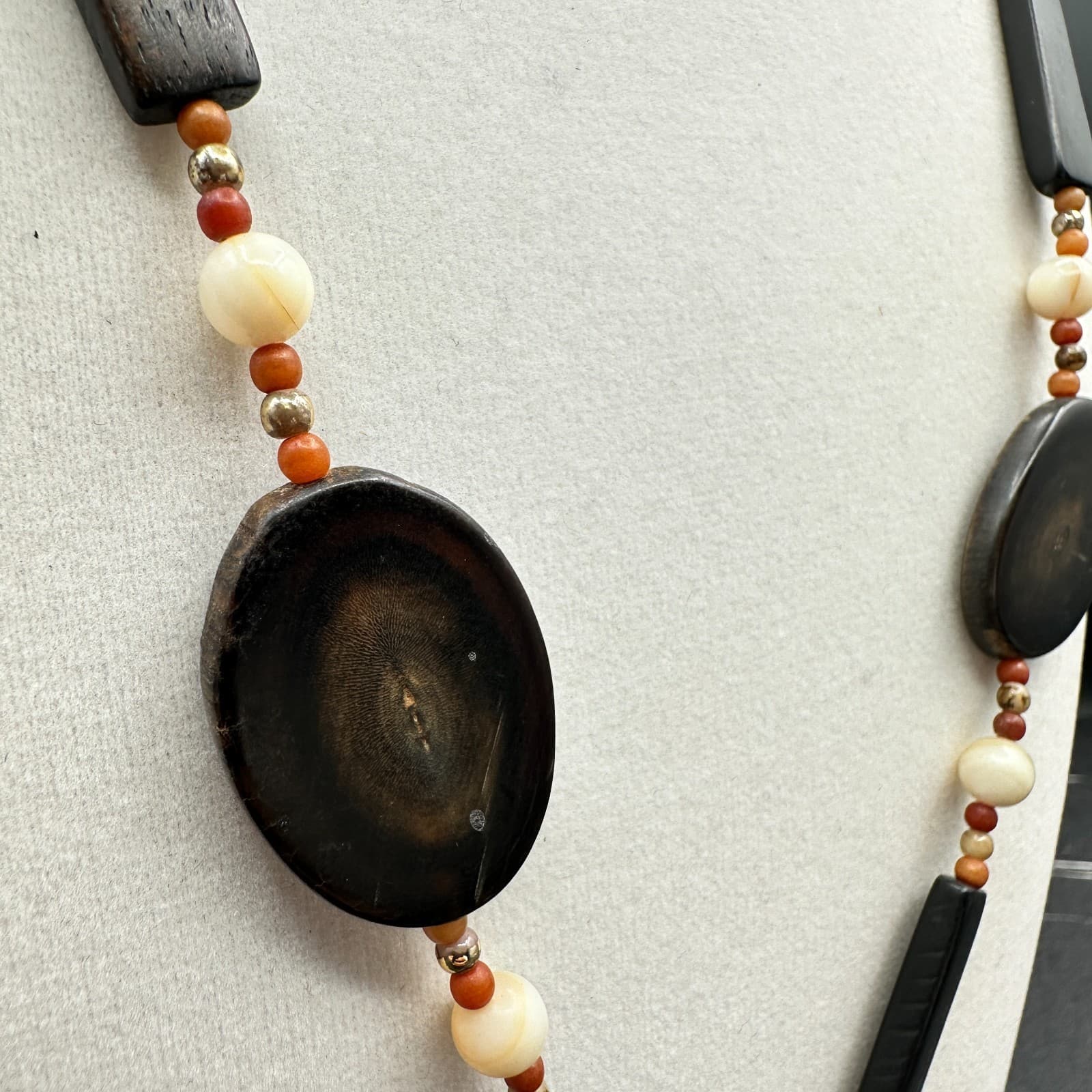 VTG 90s Wooden Statement Necklace Long Dark Brown Orange Organic Pendant - Thumbnail 5