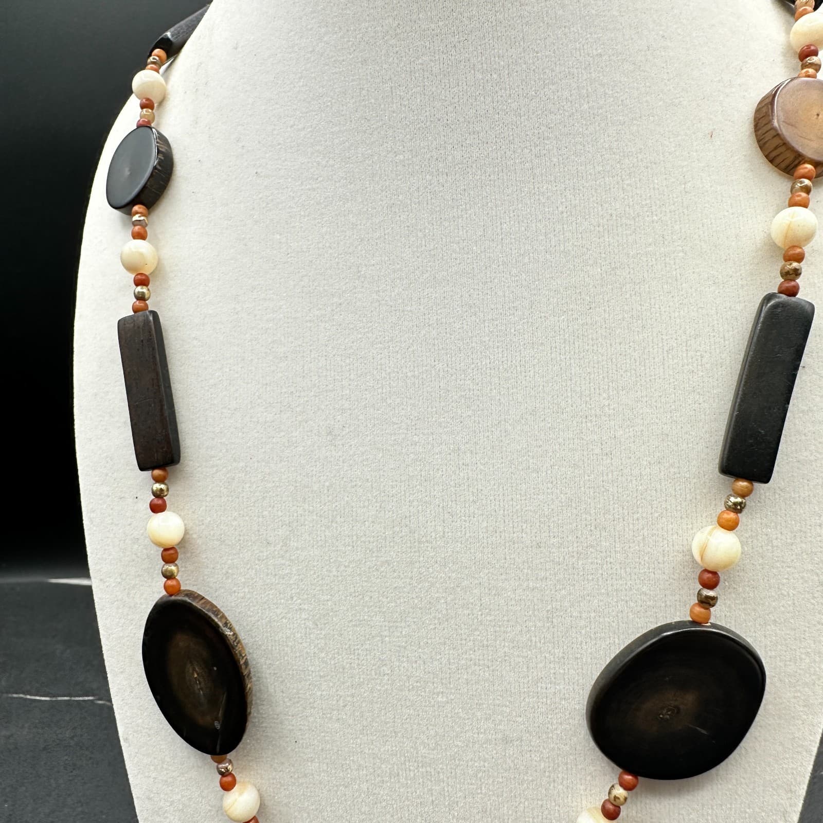 VTG 90s Wooden Statement Necklace Long Dark Brown Orange Organic Pendant - Thumbnail 8