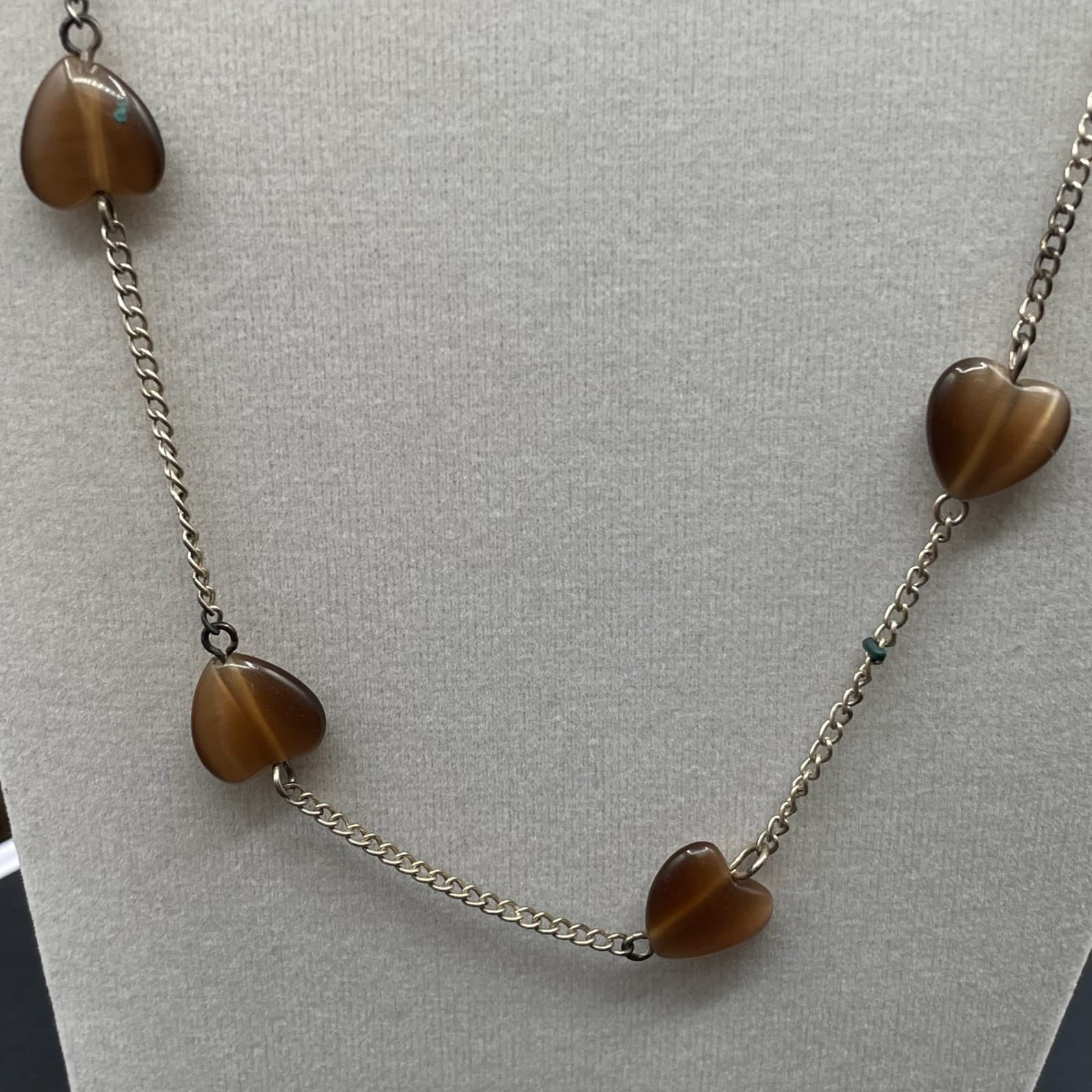 Vintage Silver-Tone Curb Chain Amber Lucite Hearts Statement Station Necklace - Thumbnail 6