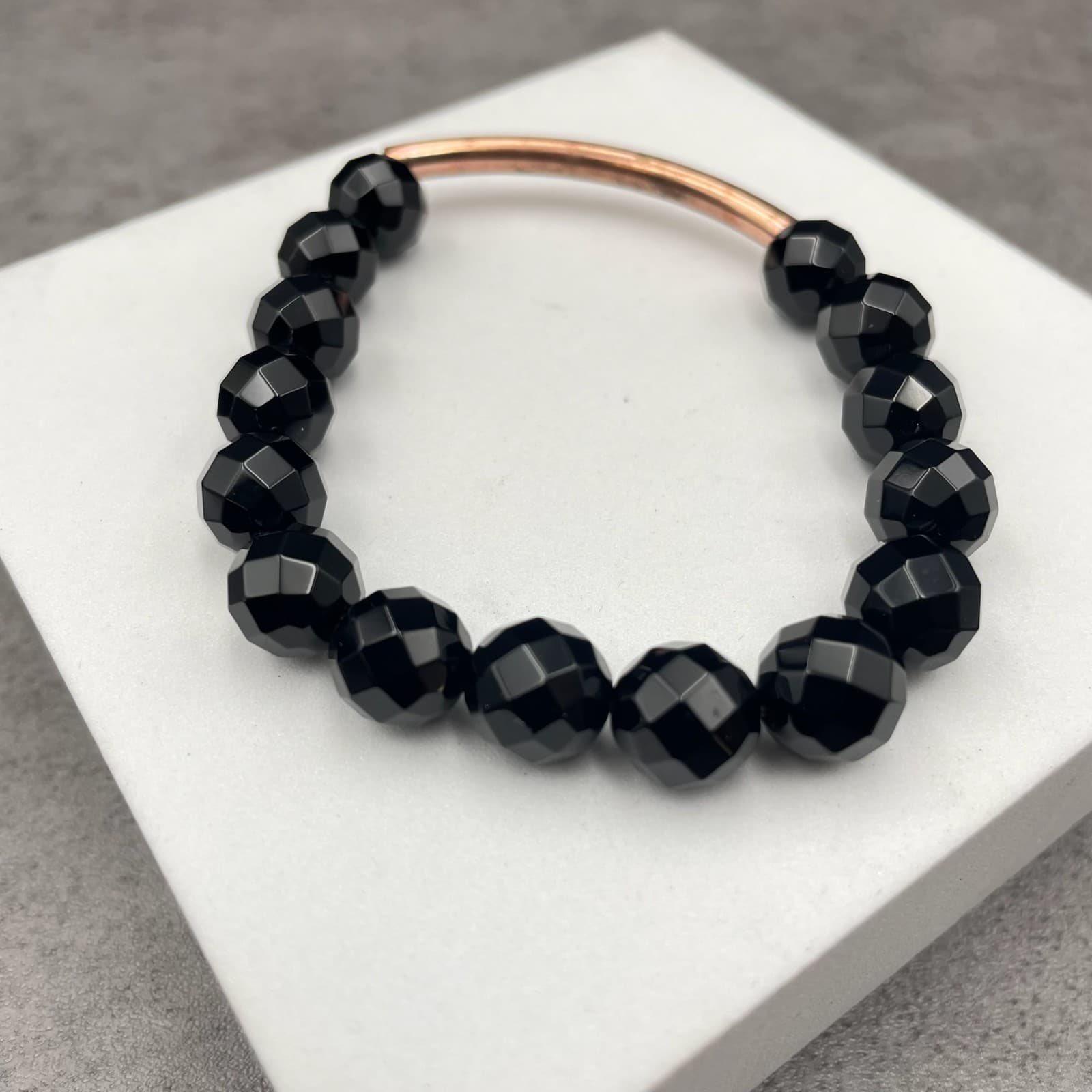 Classic Copper-Tone Fashion Boho-Chic Faceted Black Onyx Beaded Stretch Bracelet - Thumbnail 3