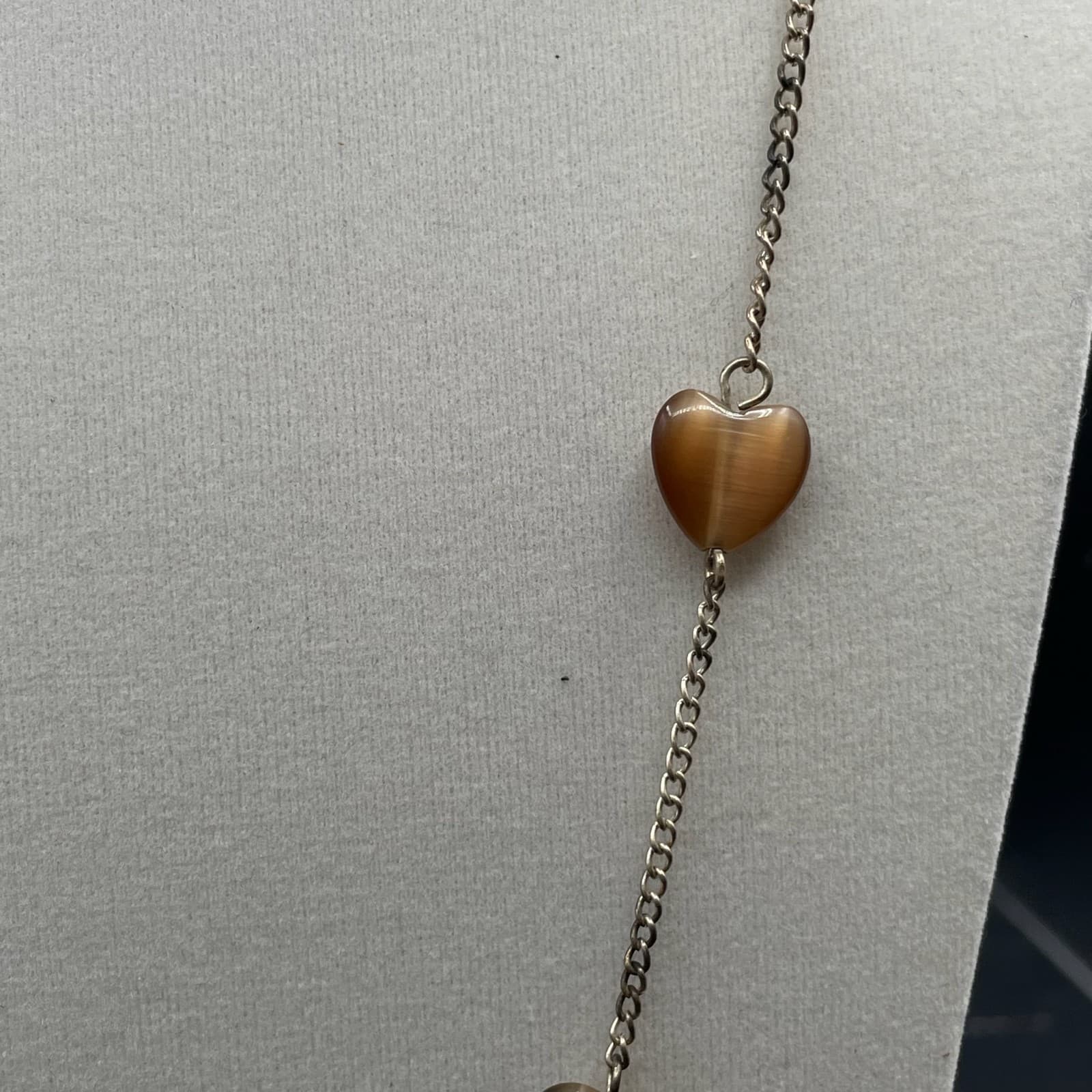 Vintage Silver-Tone Curb Chain Amber Lucite Hearts Statement Station Necklace - Thumbnail 7