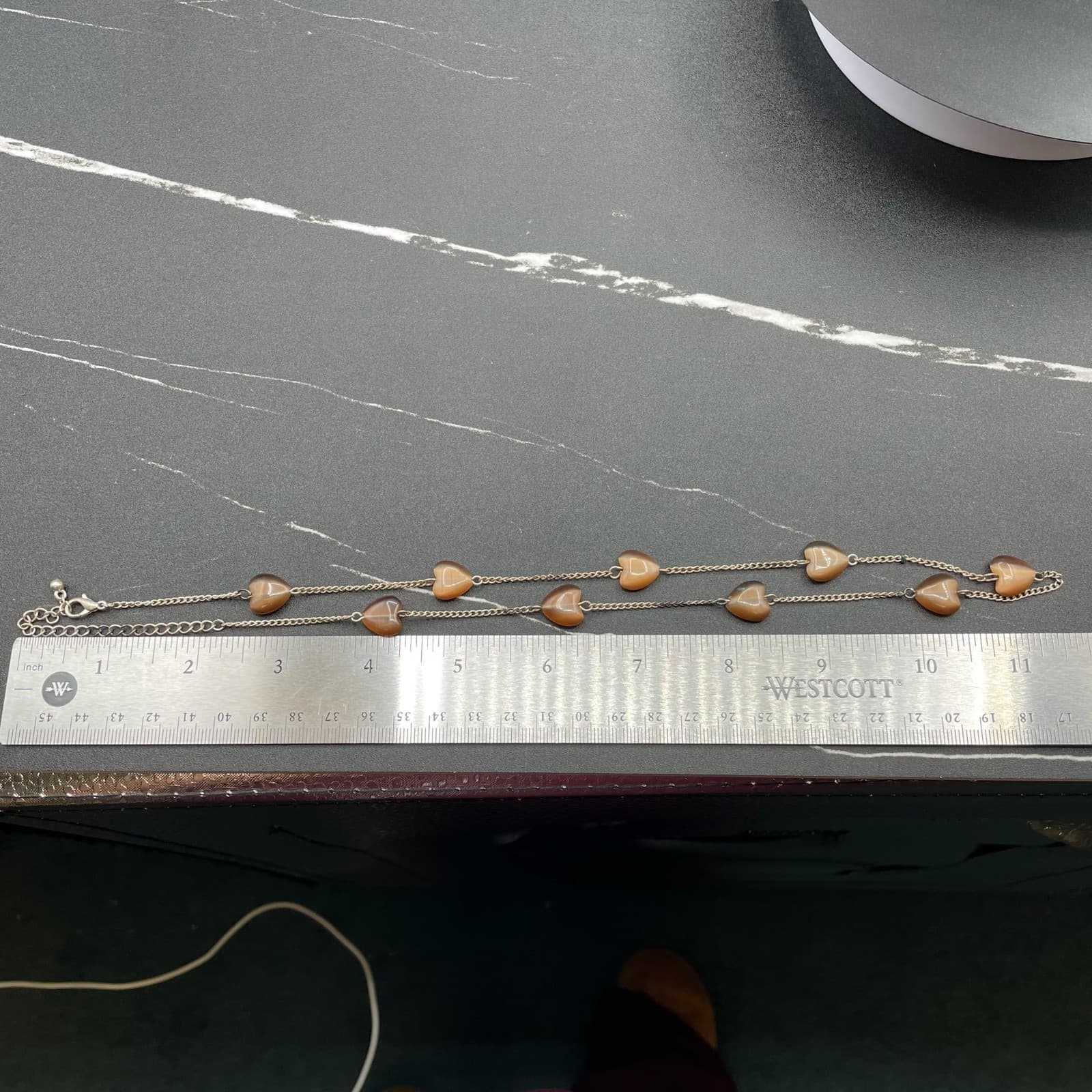 Vintage Silver-Tone Curb Chain Amber Lucite Hearts Statement Station Necklace - Thumbnail 10