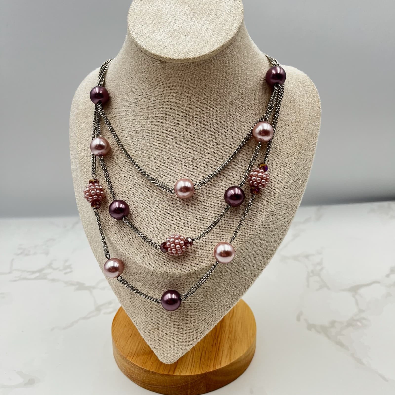 Vintage Roman (RMN) Multi-Strand Pink & Plum Beaded Statement Necklace - Image 1