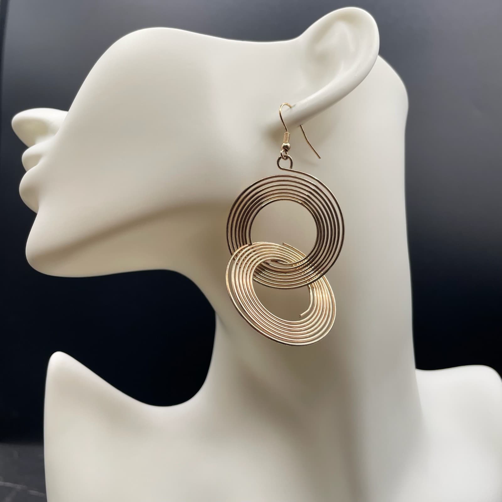 Gold-Tone Layered Interlocked Swirl Circle Hoop Dangle Drop French Hook Earrings - Thumbnail 6