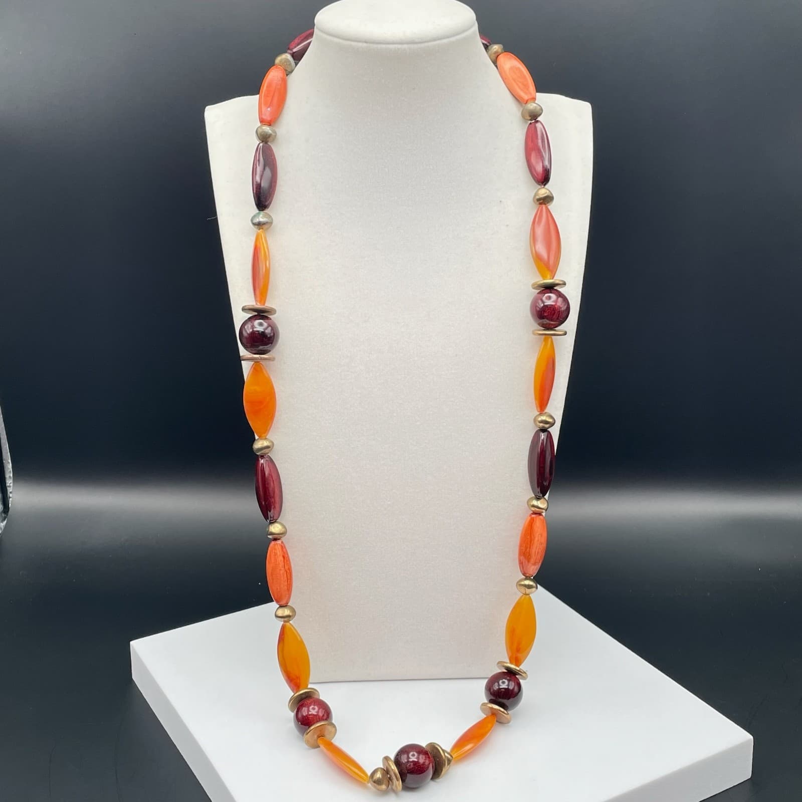 Vintage Orange & Burgundy Beaded Necklace Gold Tone Autumn Boho Style - Image 1