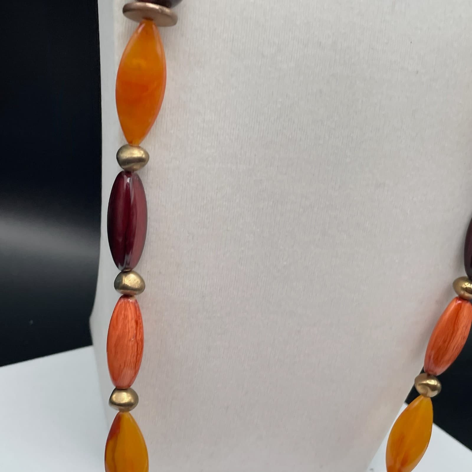 Vintage Orange & Burgundy Beaded Necklace Gold Tone Autumn Boho Style - Thumbnail 4