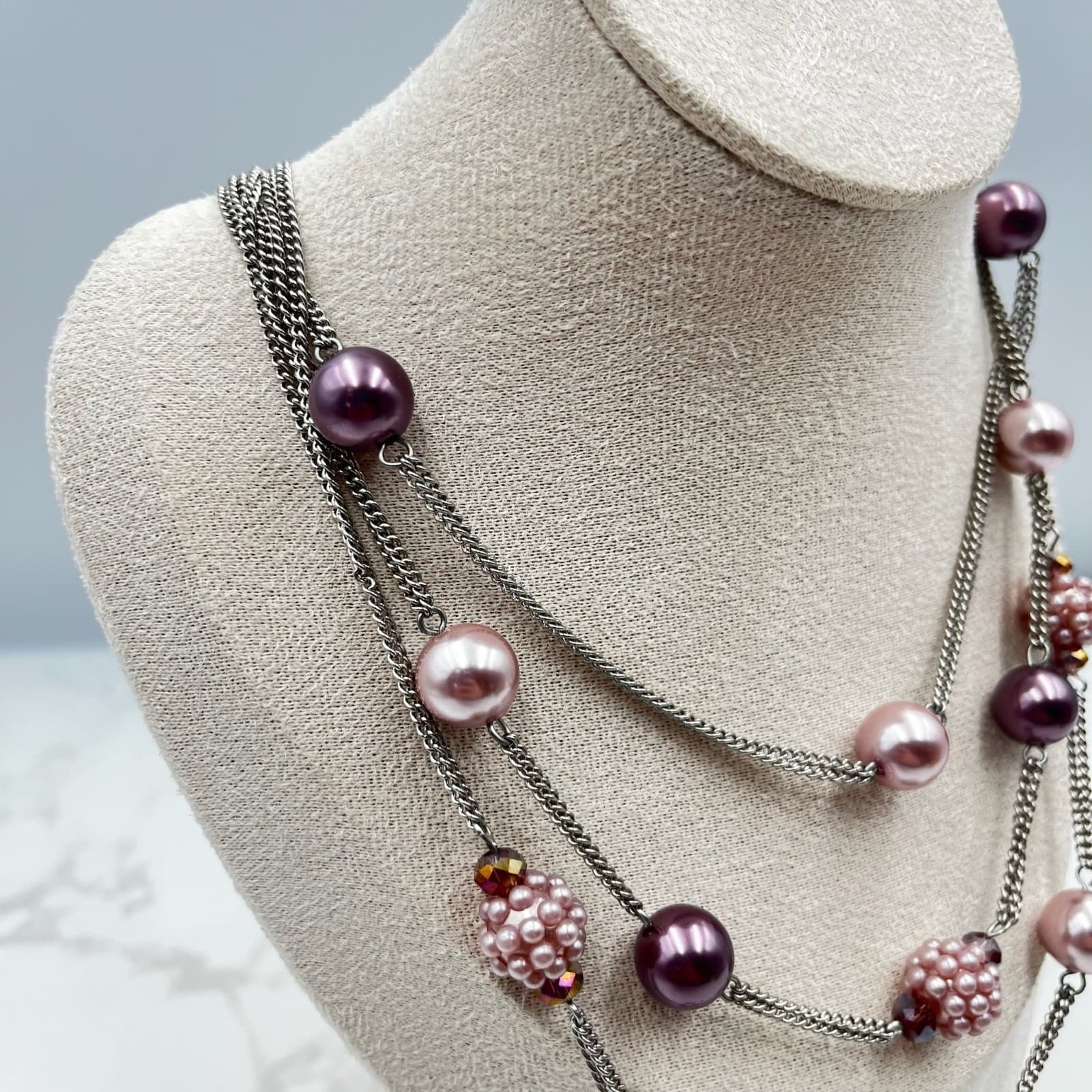 Vintage Roman (RMN) Multi-Strand Pink & Plum Beaded Statement Necklace - Thumbnail 12