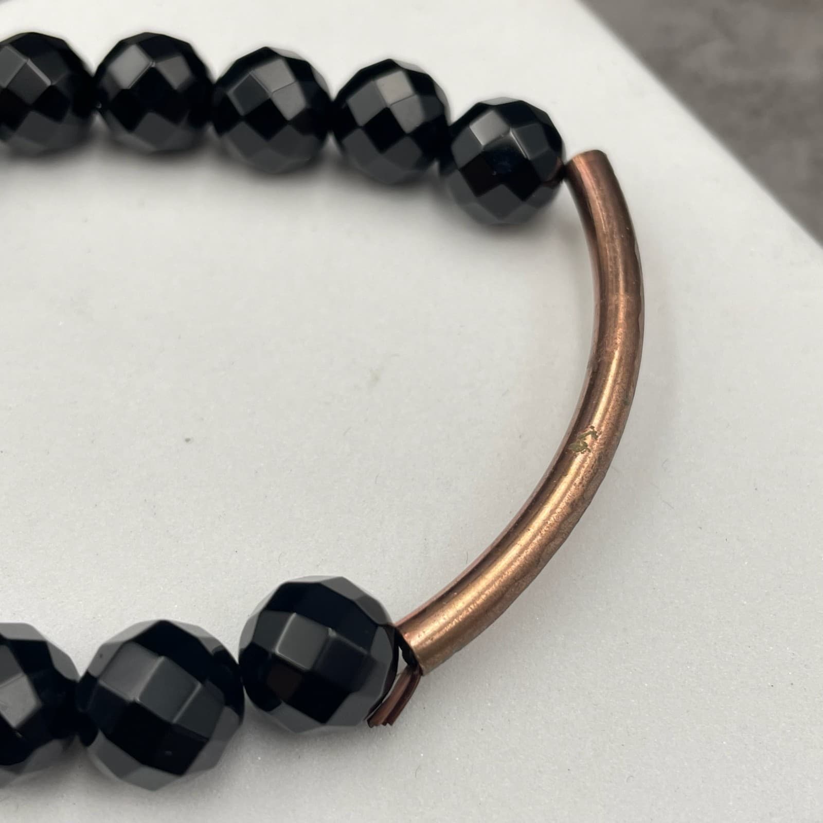 Classic Copper-Tone Fashion Boho-Chic Faceted Black Onyx Beaded Stretch Bracelet - Thumbnail 5
