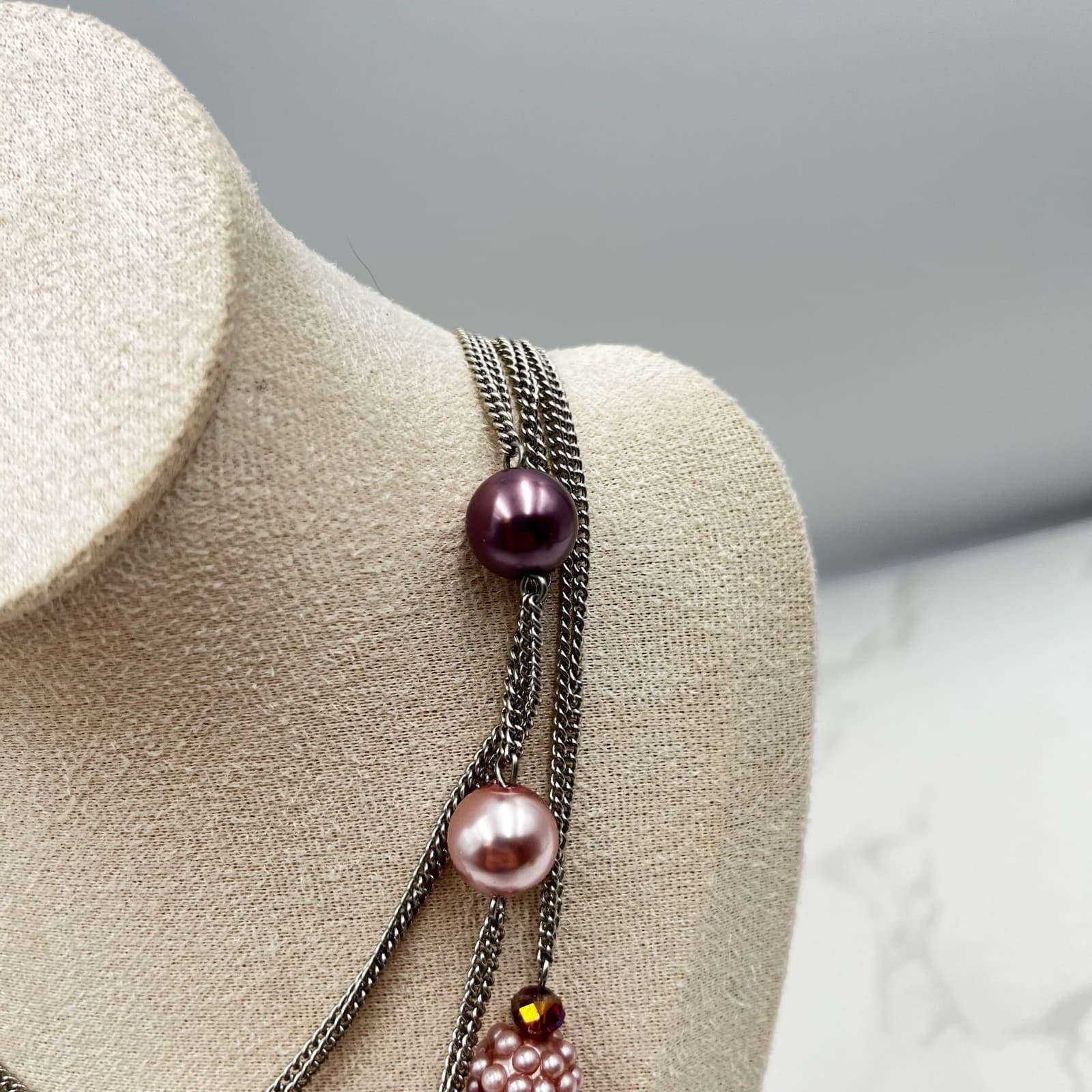 Vintage Roman (RMN) Multi-Strand Pink & Plum Beaded Statement Necklace - Thumbnail 3