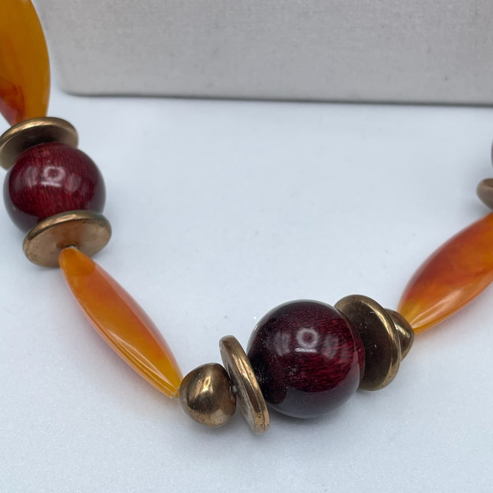 Vintage Orange & Burgundy Beaded Necklace Gold Tone Autumn Boho Style - Thumbnail 7