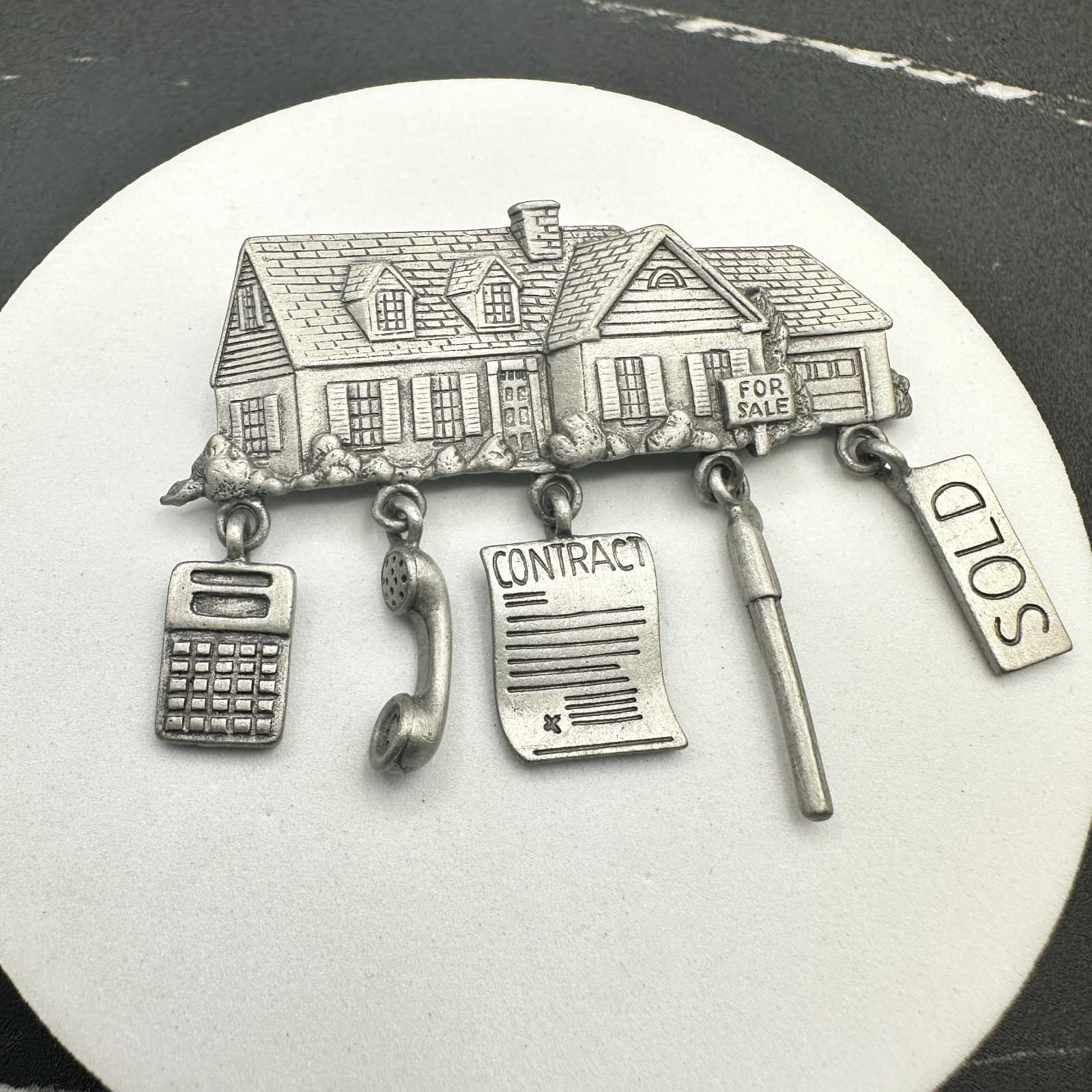 Vintage JJ Pewter Real Estate Agent House With Dangling Charms Brooch Pin - Thumbnail 2