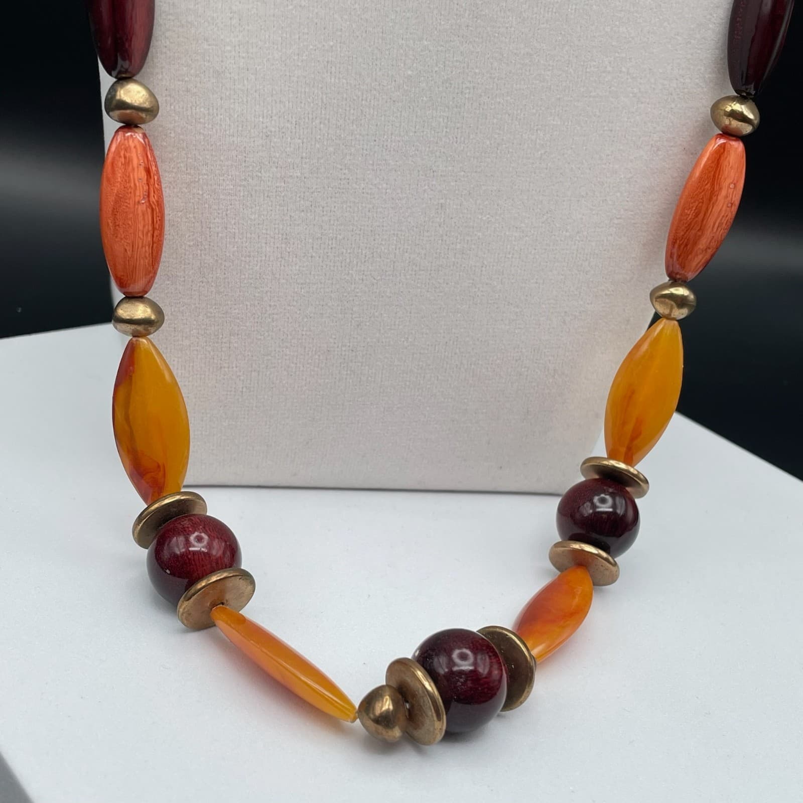 Vintage Orange & Burgundy Beaded Necklace Gold Tone Autumn Boho Style - Thumbnail 6