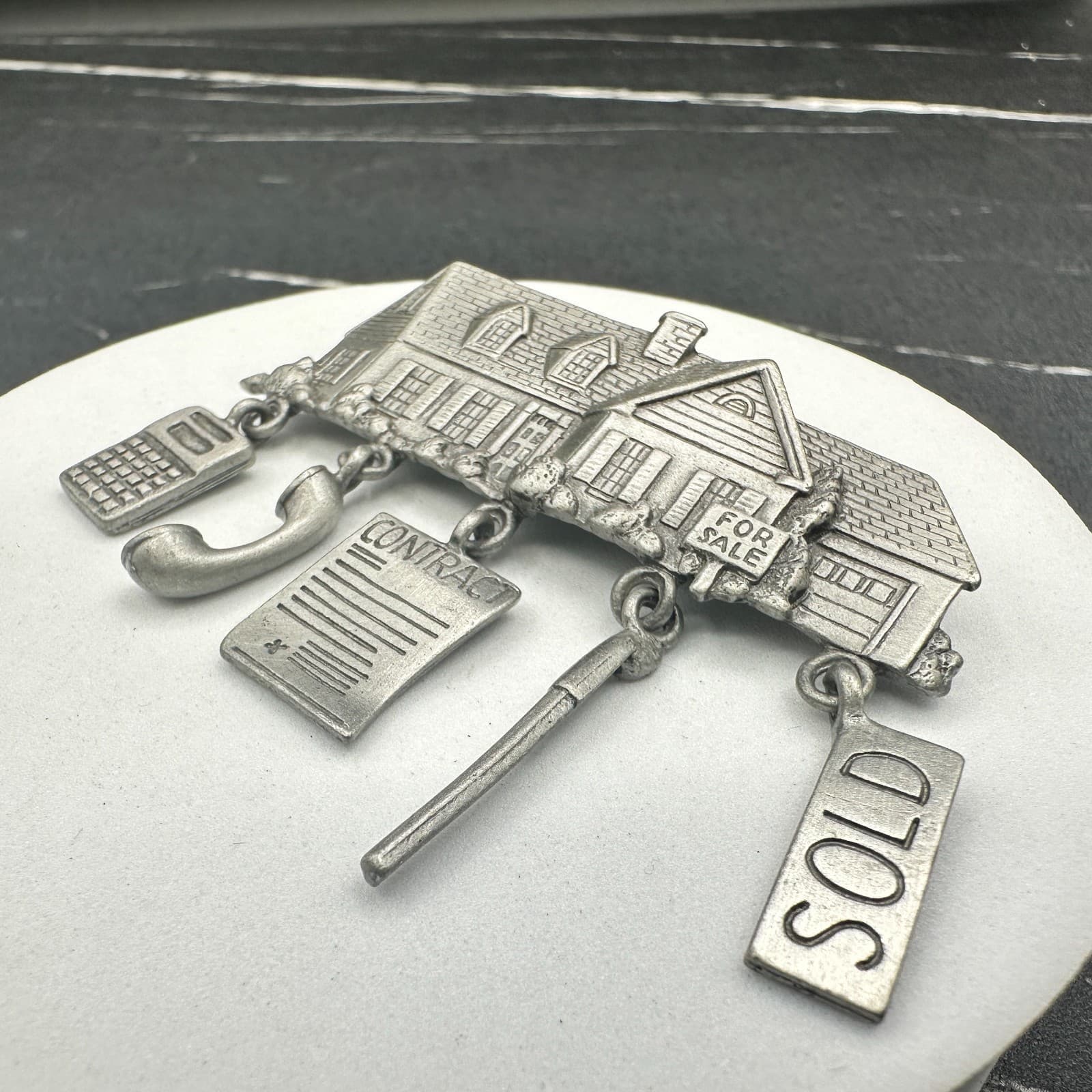Vintage JJ Pewter Real Estate Agent House With Dangling Charms Brooch Pin - Thumbnail 4