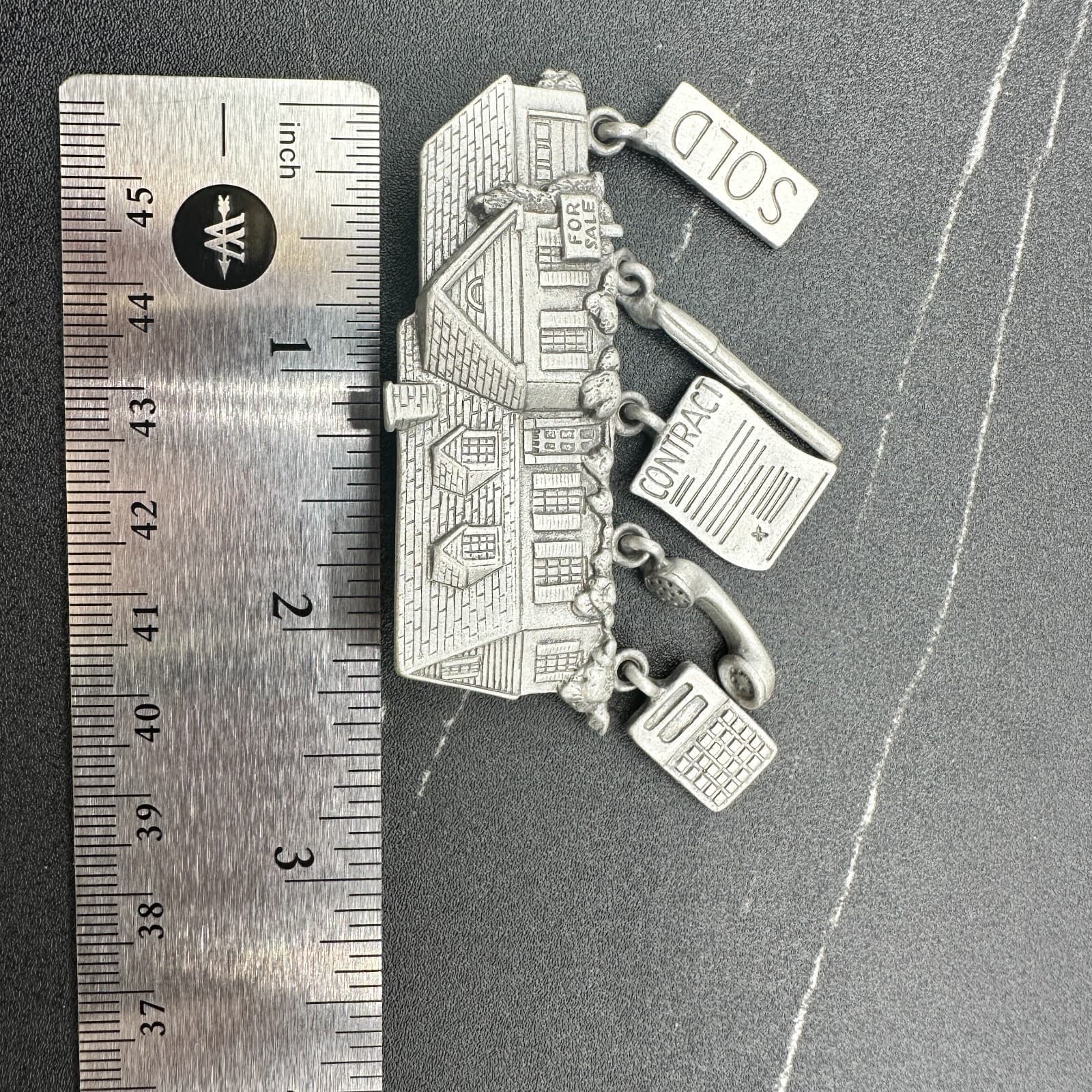 Vintage JJ Pewter Real Estate Agent House With Dangling Charms Brooch Pin - Thumbnail 7