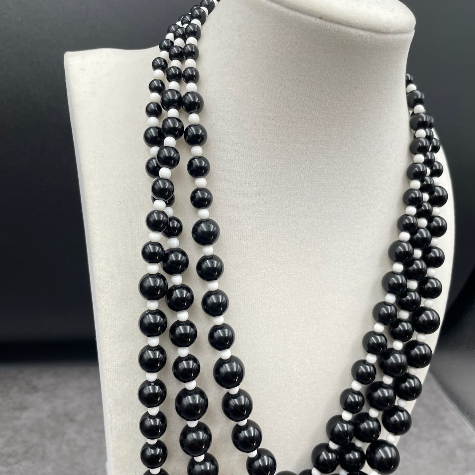 Classic Black White Adjustable Triple-Stranded Beaded Statement Lobster Necklace - Thumbnail 3
