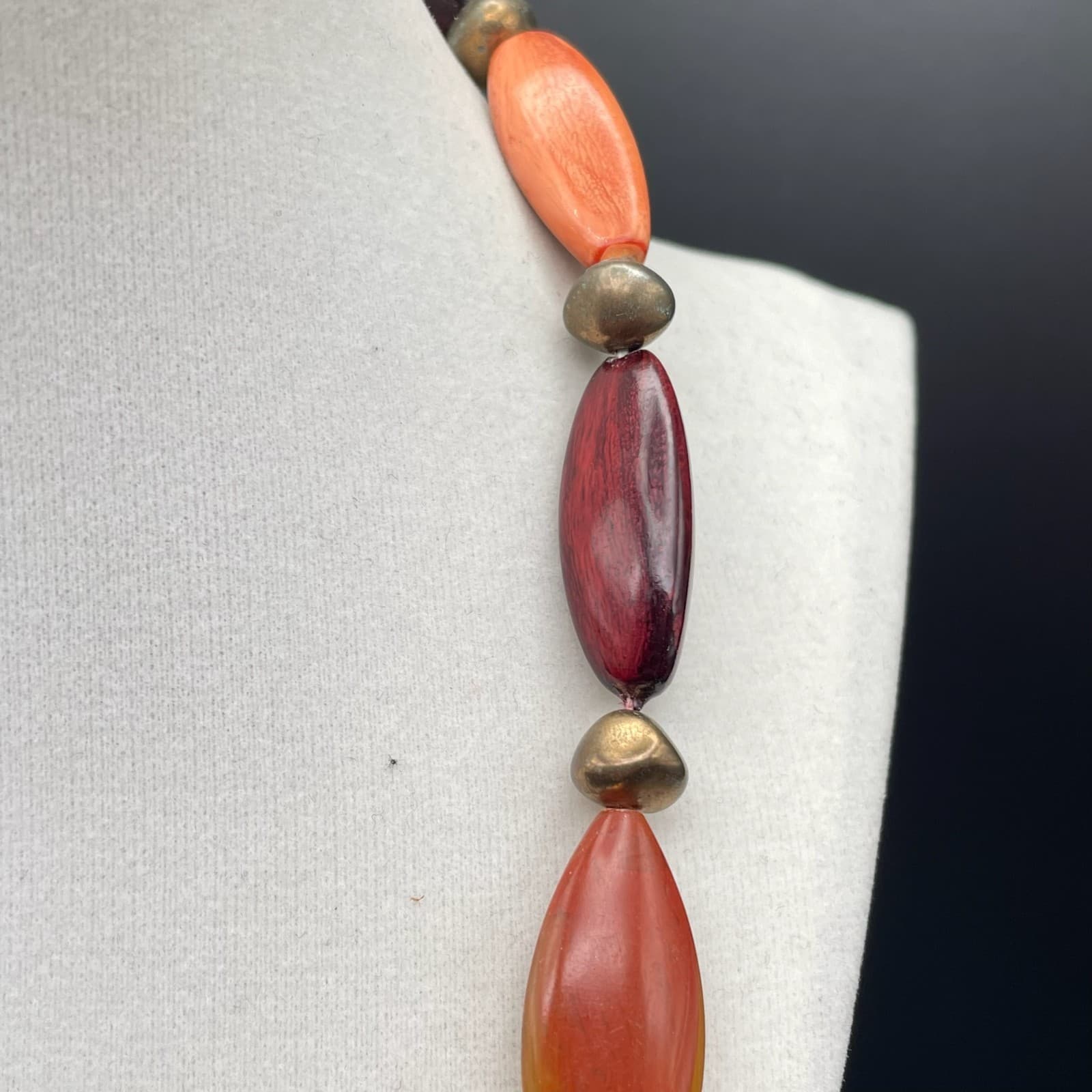 Vintage Orange & Burgundy Beaded Necklace Gold Tone Autumn Boho Style - Thumbnail 5