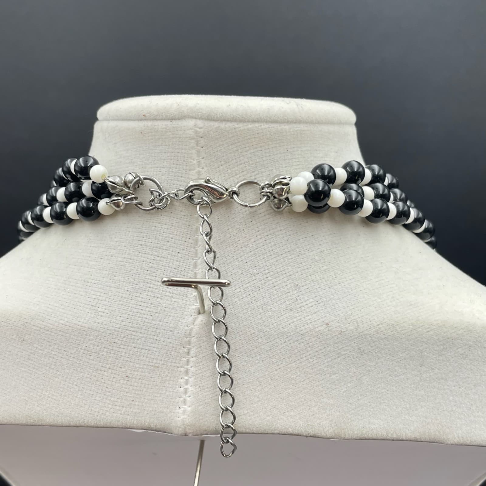 Classic Black White Adjustable Triple-Stranded Beaded Statement Lobster Necklace - Thumbnail 7
