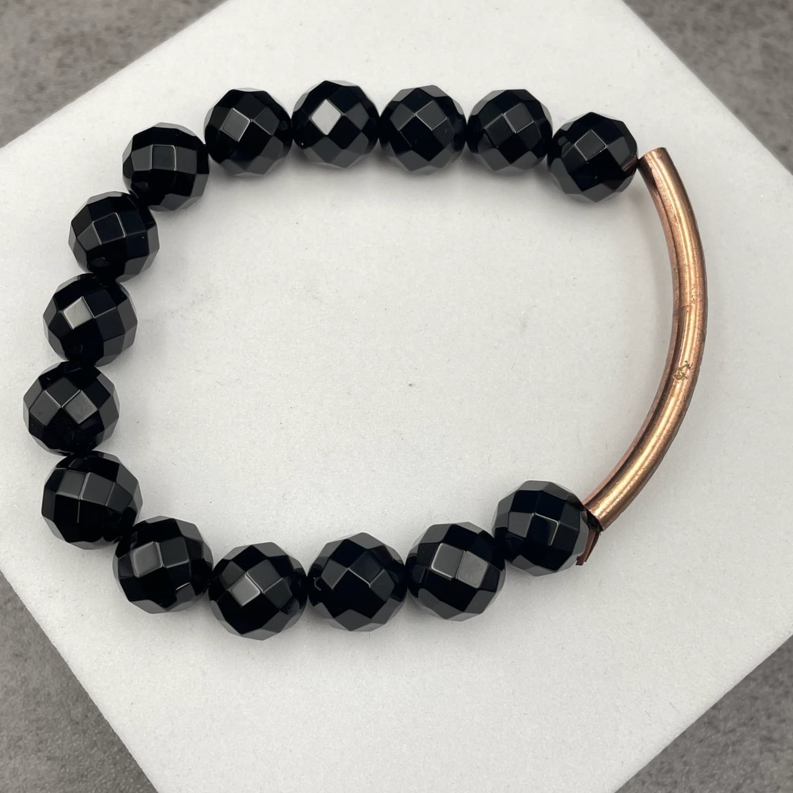 Classic Copper-Tone Fashion Boho-Chic Faceted Black Onyx Beaded Stretch Bracelet - Image 1