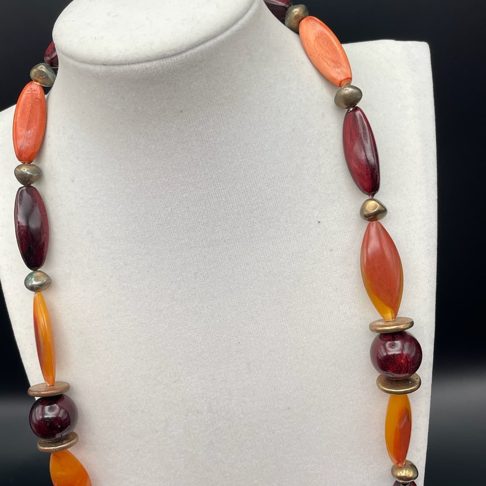Vintage Orange & Burgundy Beaded Necklace Gold Tone Autumn Boho Style - Thumbnail 3