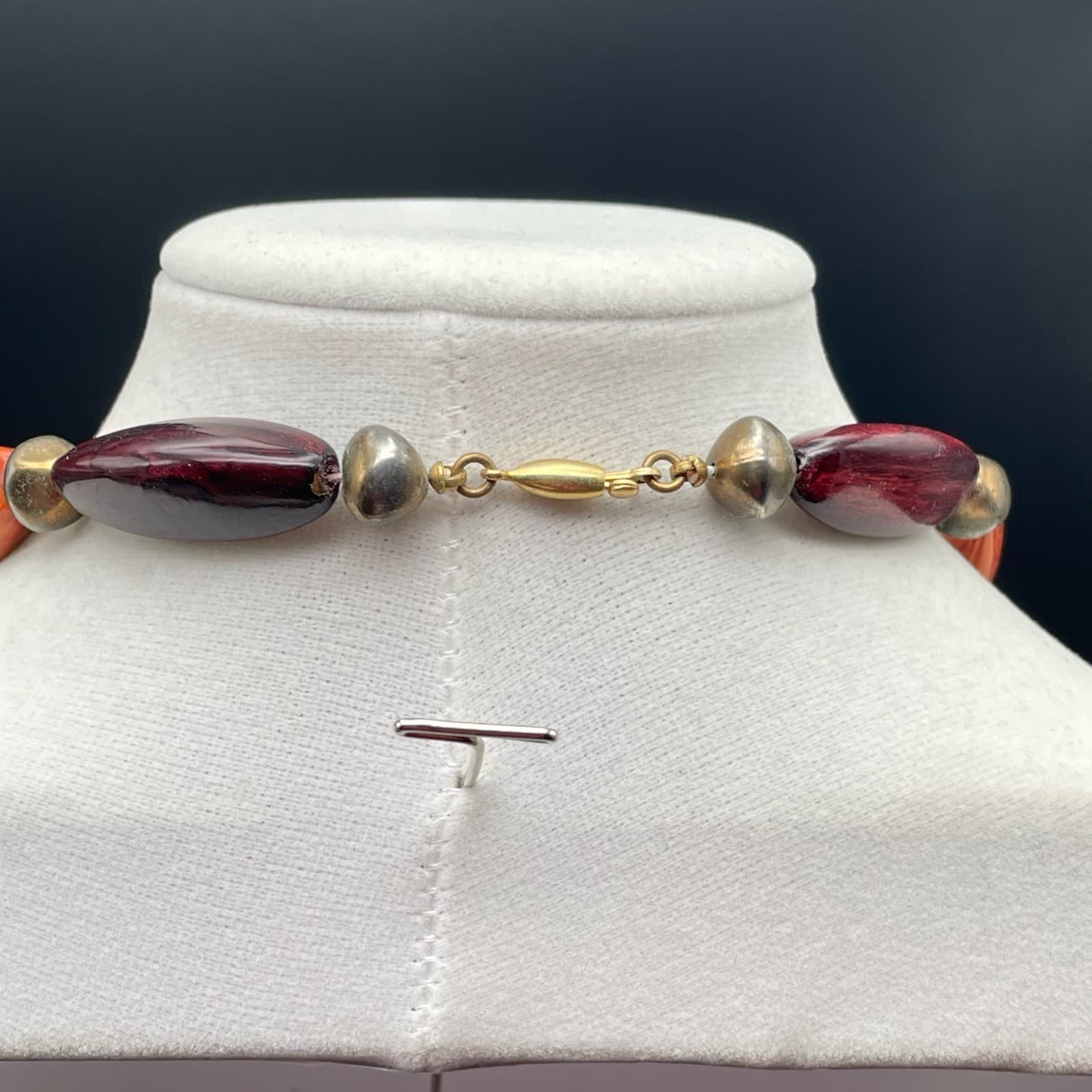 Vintage Orange & Burgundy Beaded Necklace Gold Tone Autumn Boho Style - Thumbnail 9